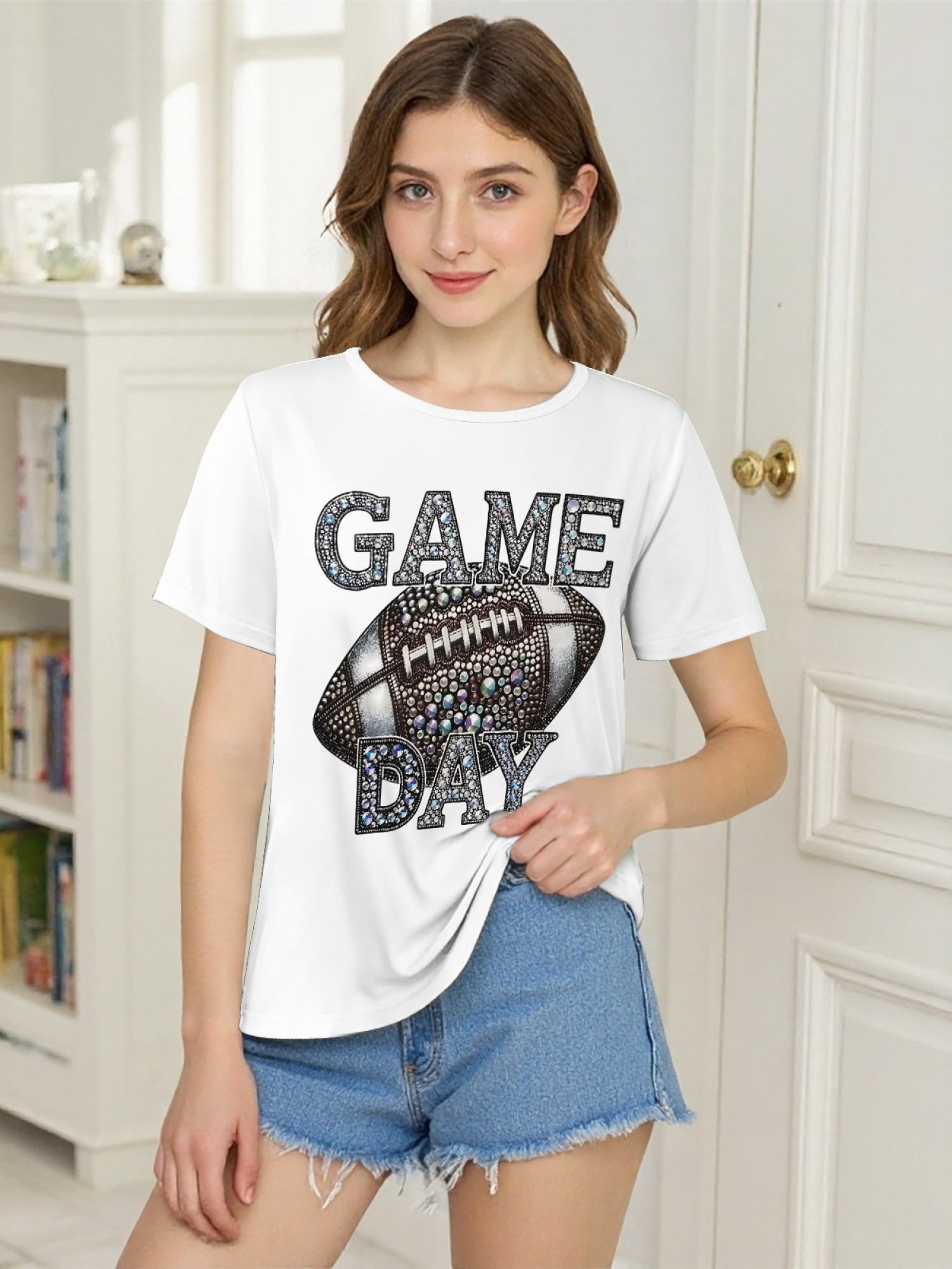 Women's Sparkly Rhinestone Game Day Football T-Shirt - Glitter Fan Apparel