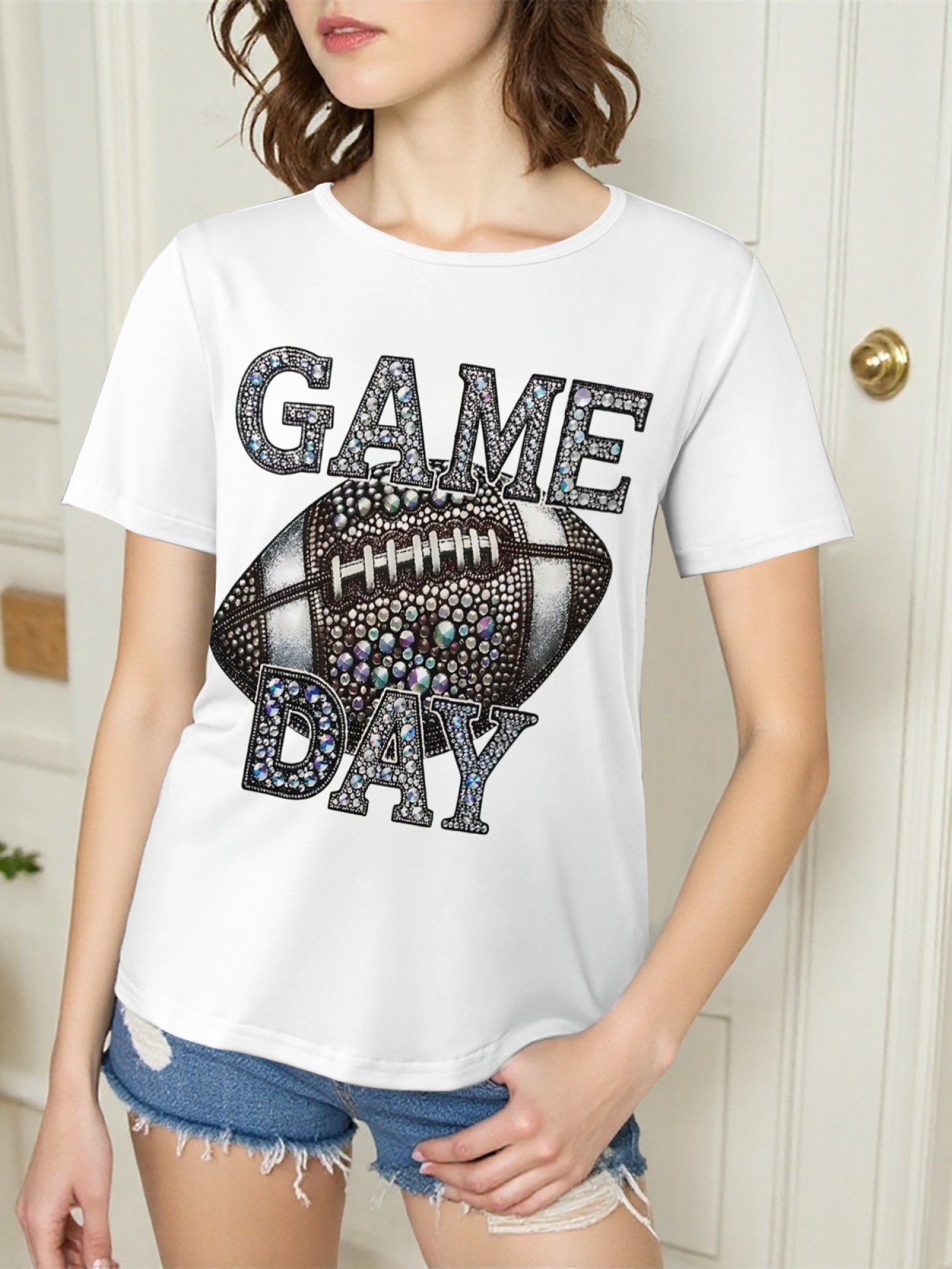 Women's Sparkly Rhinestone Game Day Football T-Shirt - Glitter Fan Apparel