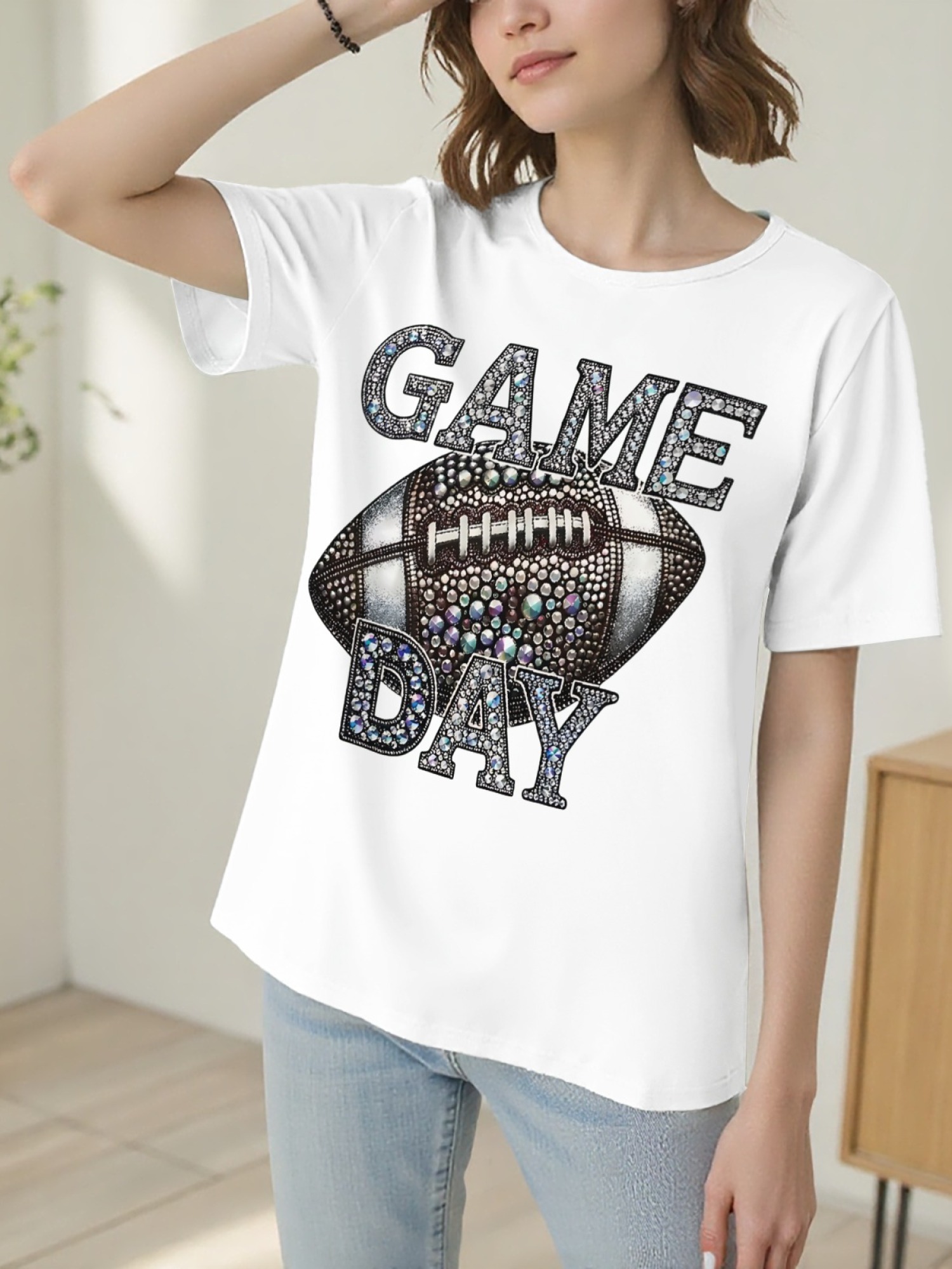 Women's Sparkly Rhinestone Game Day Football T-Shirt - Glitter Fan Apparel