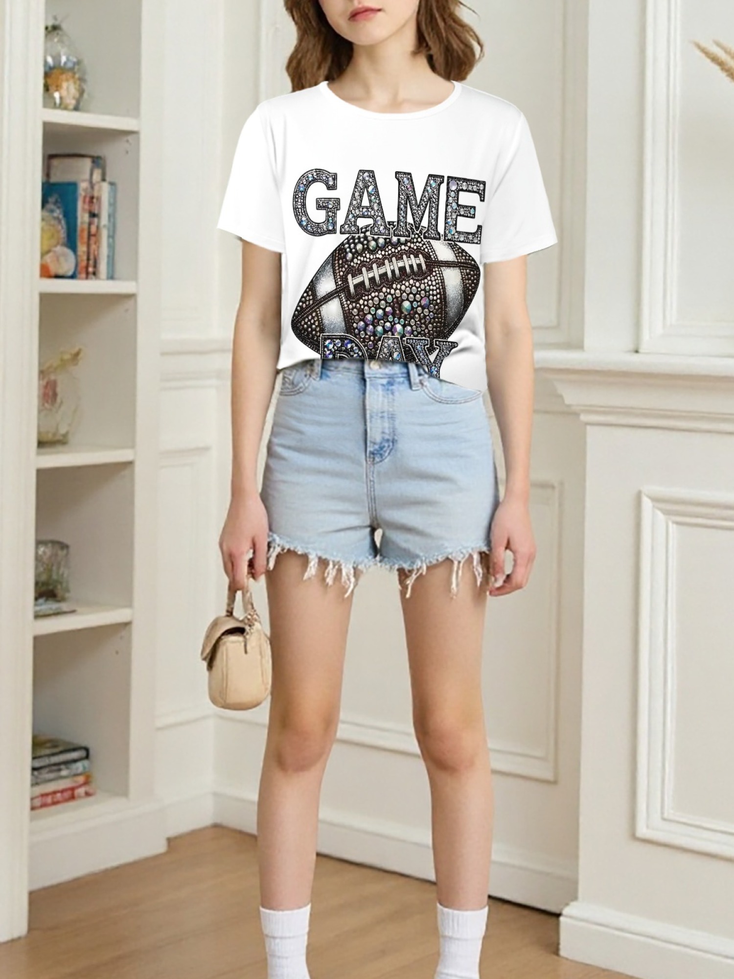 Women's Sparkly Rhinestone Game Day Football T-Shirt - Glitter Fan Apparel