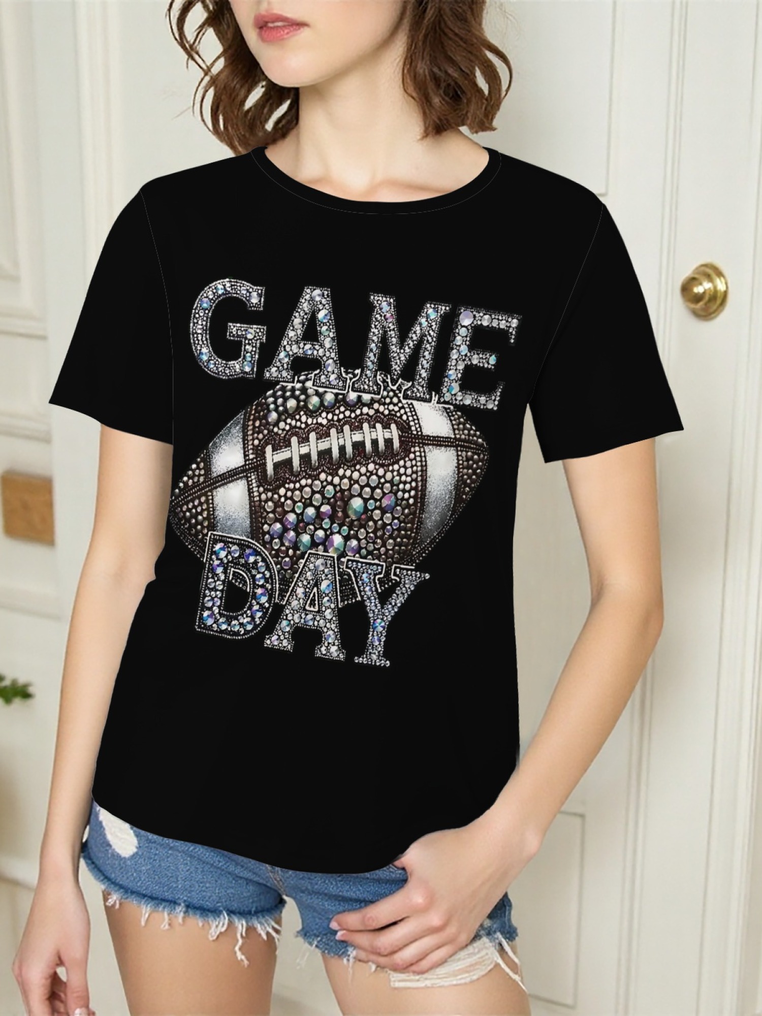 Women's Sparkly Rhinestone Game Day Football T-Shirt - Glitter Fan Apparel
