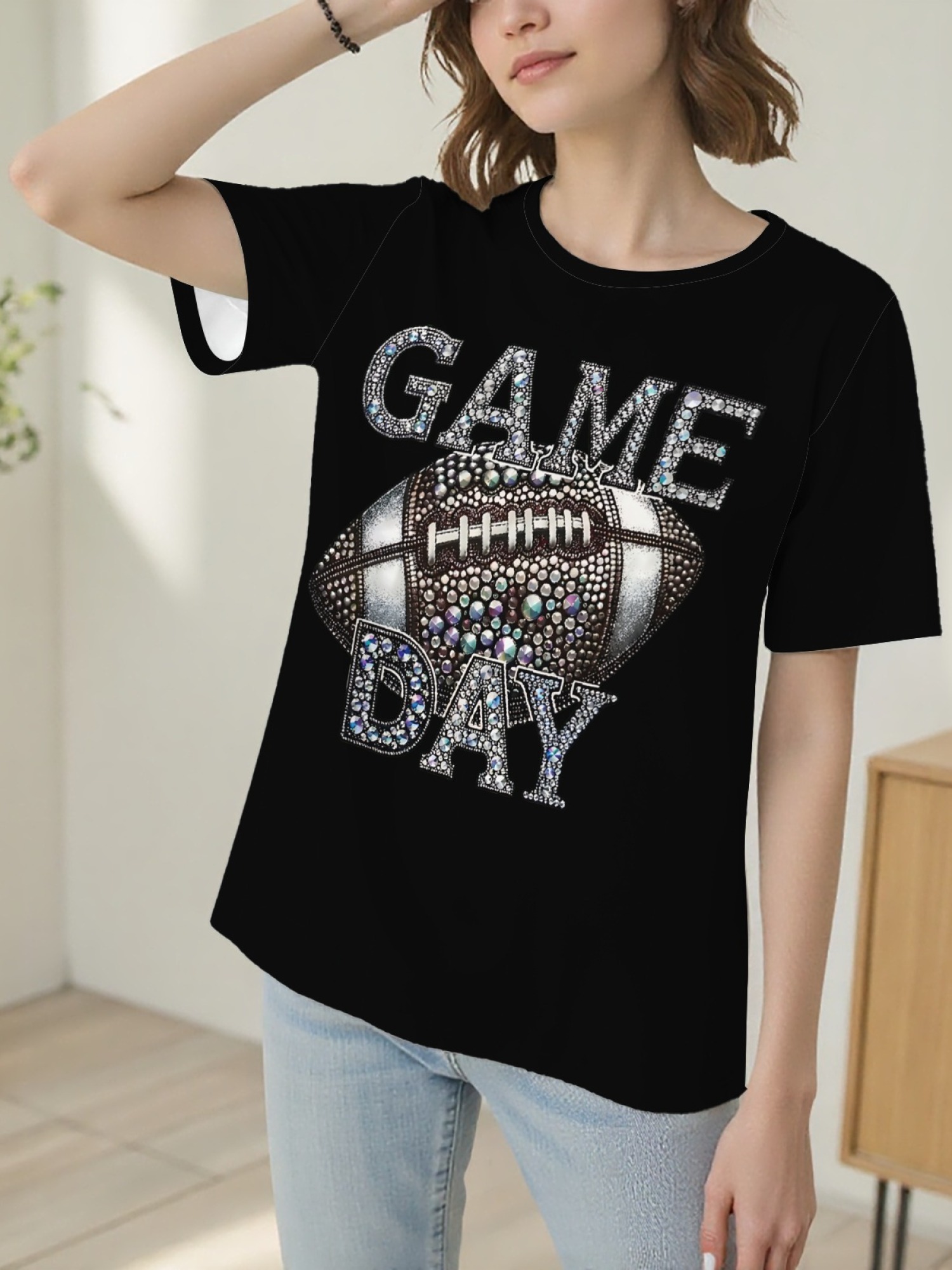 Women's Sparkly Rhinestone Game Day Football T-Shirt - Glitter Fan Apparel