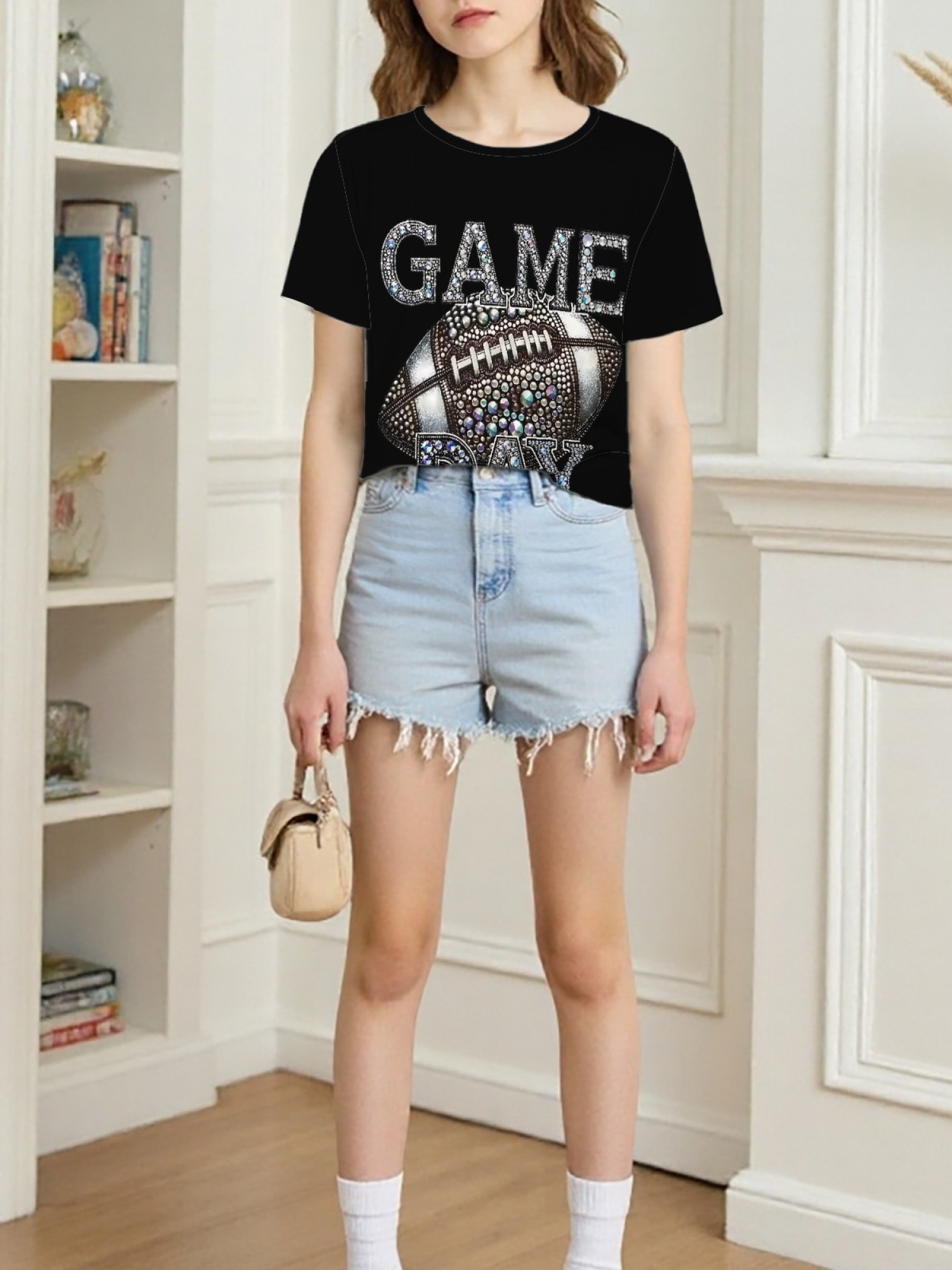 Women's Sparkly Rhinestone Game Day Football T-Shirt - Glitter Fan Apparel