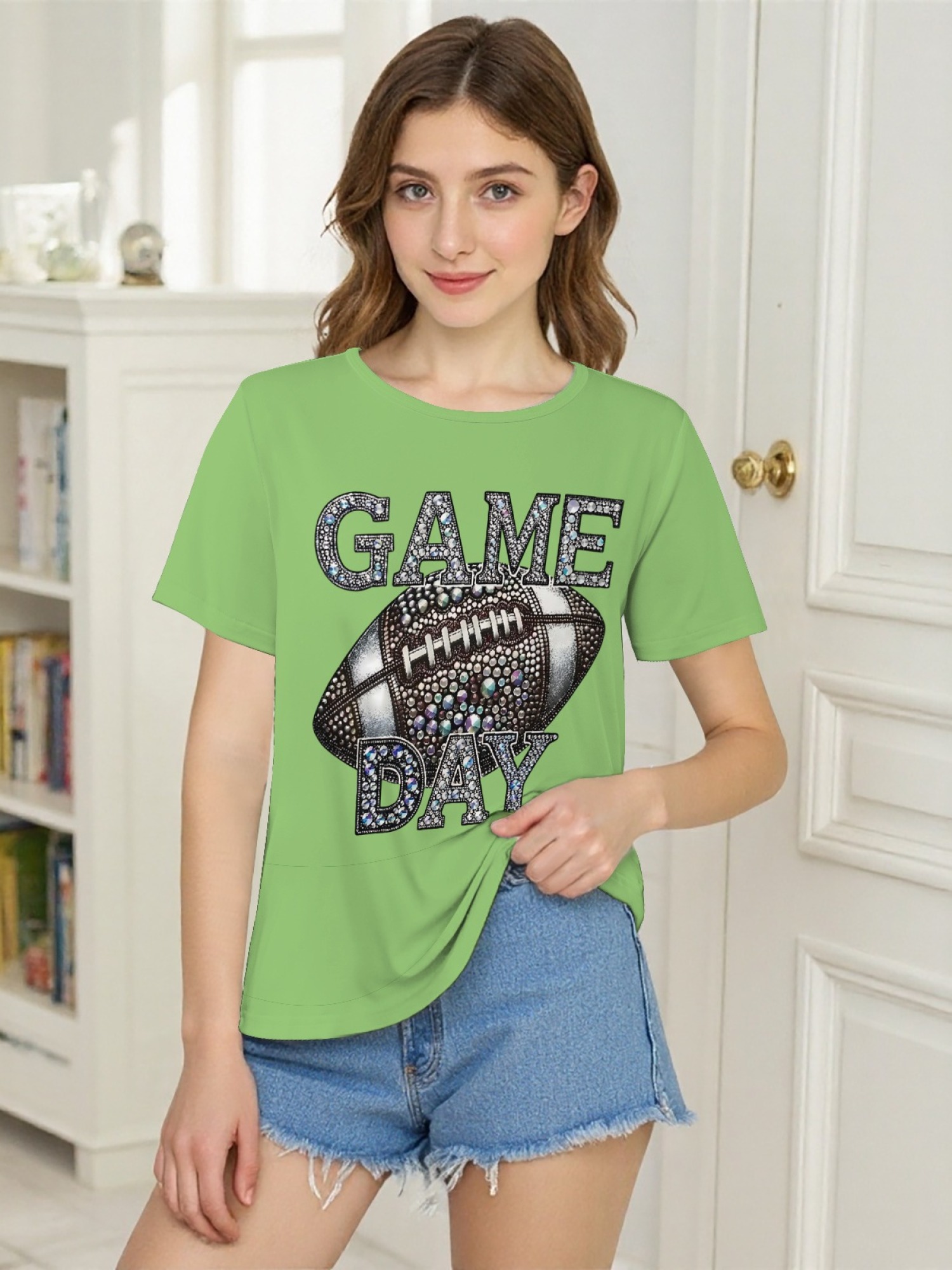 Women's Sparkly Rhinestone Game Day Football T-Shirt - Glitter Fan Apparel