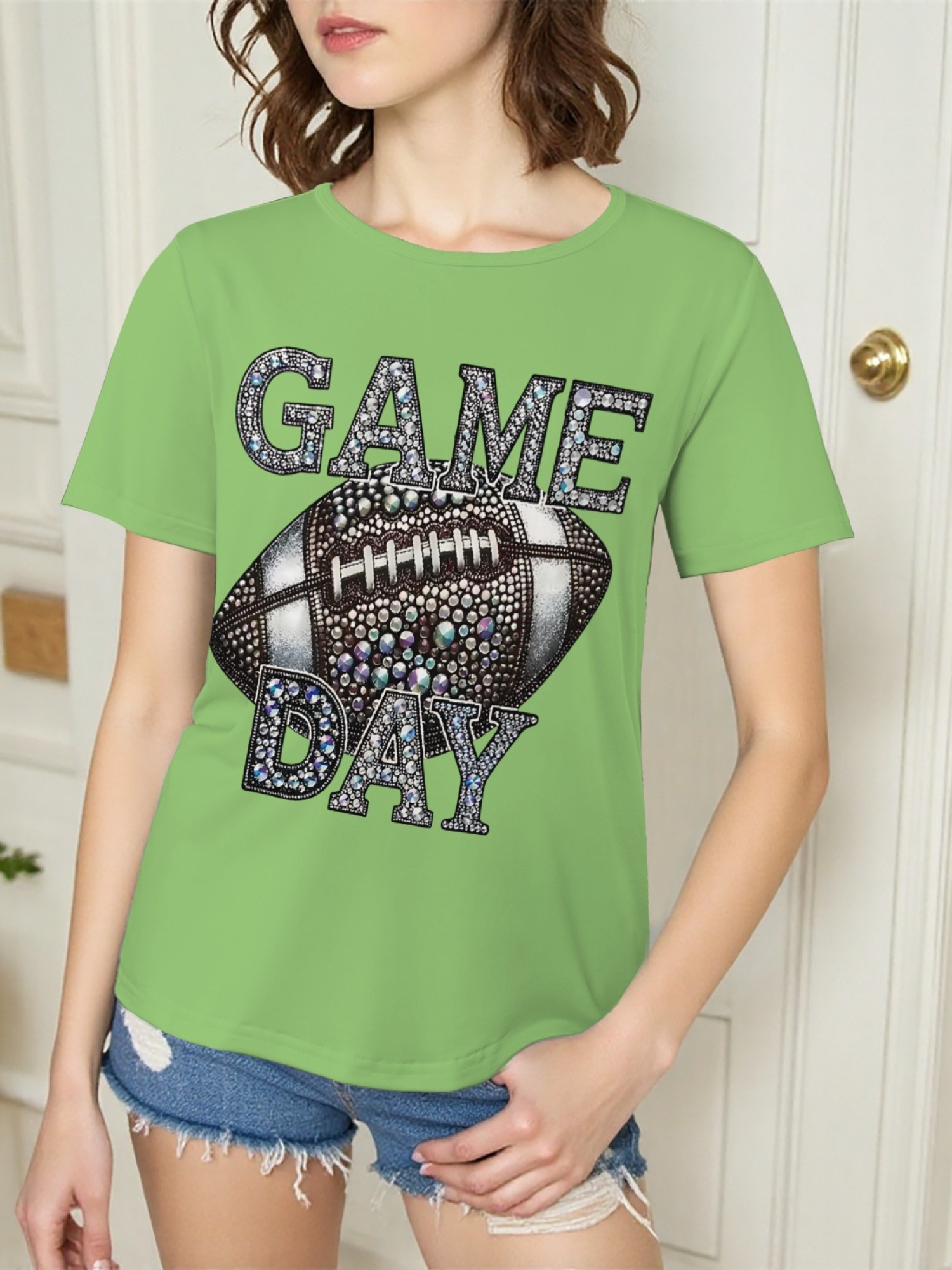 Women's Sparkly Rhinestone Game Day Football T-Shirt - Glitter Fan Apparel
