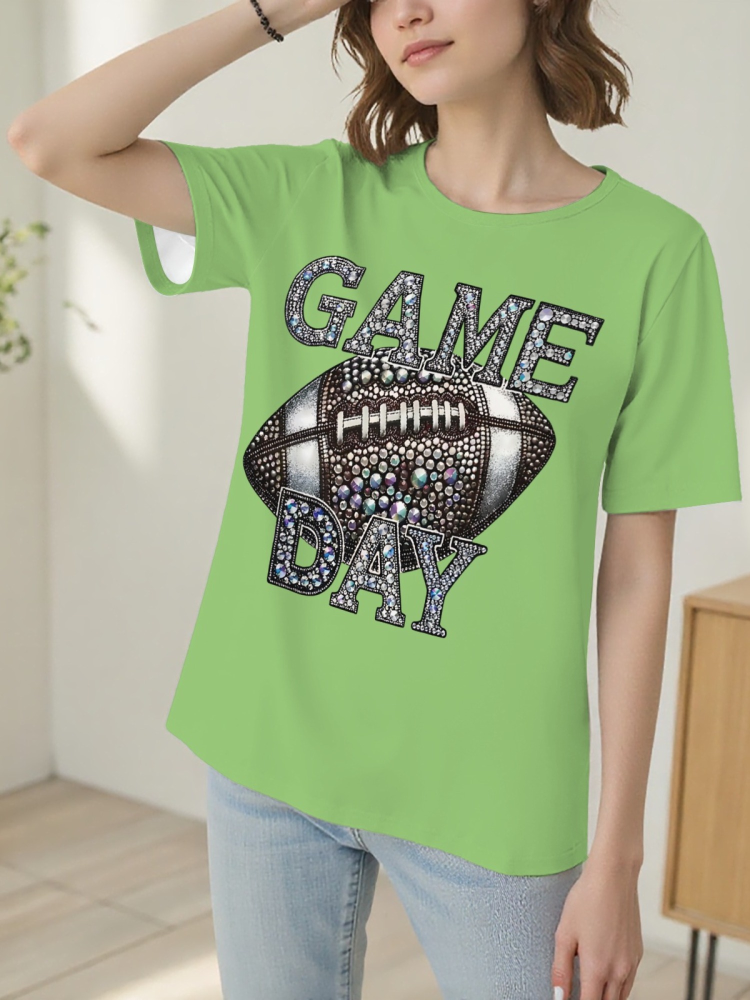 Women's Sparkly Rhinestone Game Day Football T-Shirt - Glitter Fan Apparel