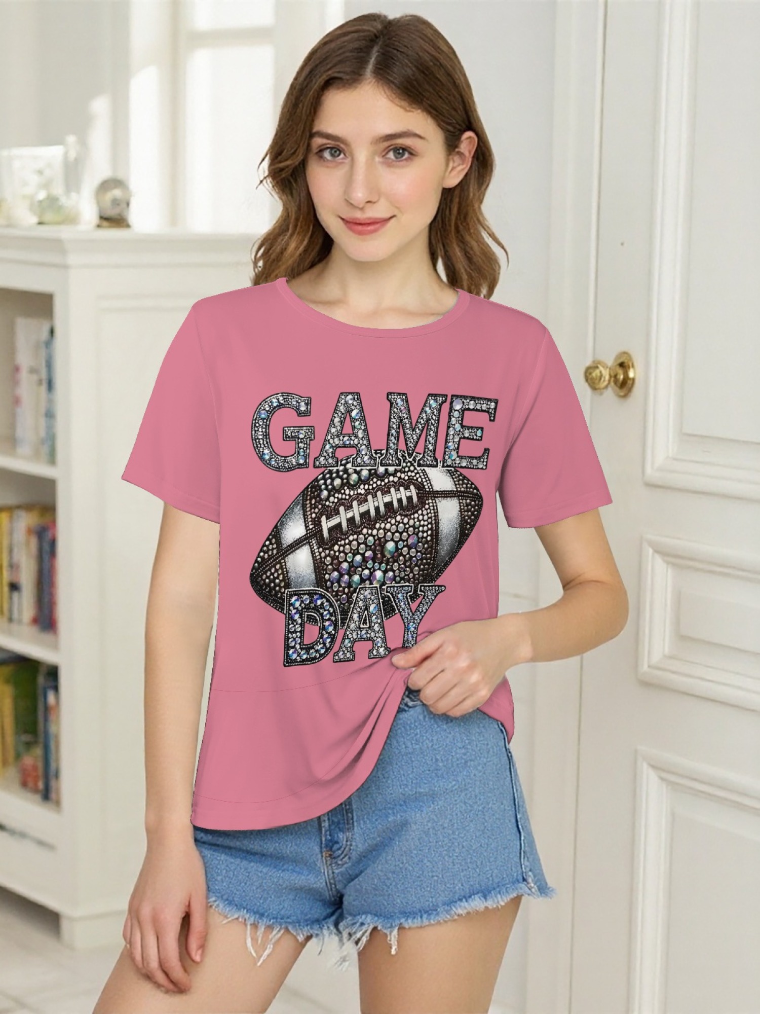 Women's Sparkly Rhinestone Game Day Football T-Shirt - Glitter Fan Apparel