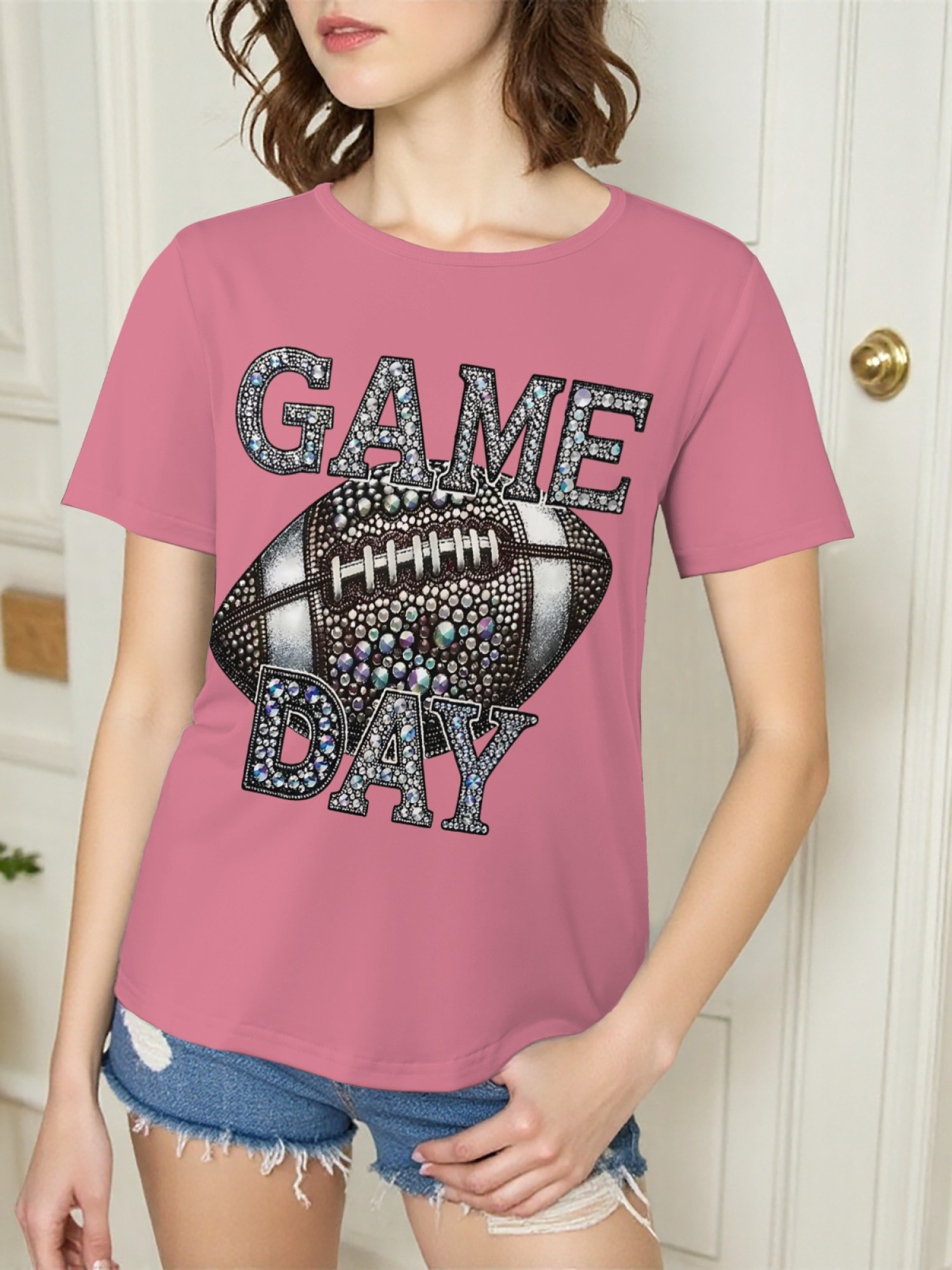 Women's Sparkly Rhinestone Game Day Football T-Shirt - Glitter Fan Apparel