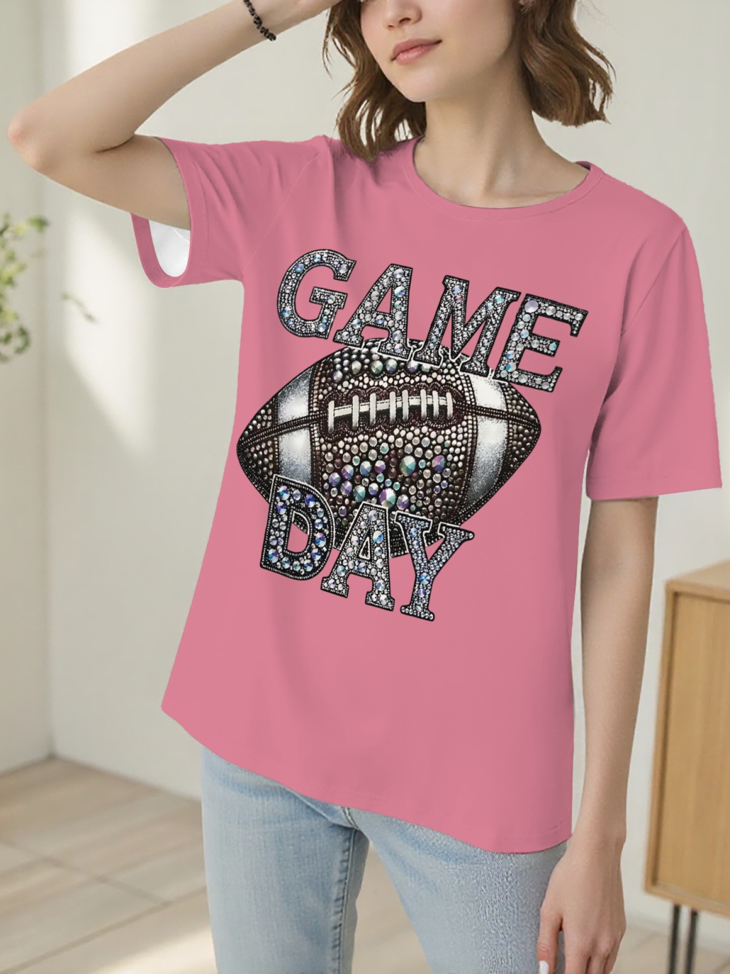 Women's Sparkly Rhinestone Game Day Football T-Shirt - Glitter Fan Apparel