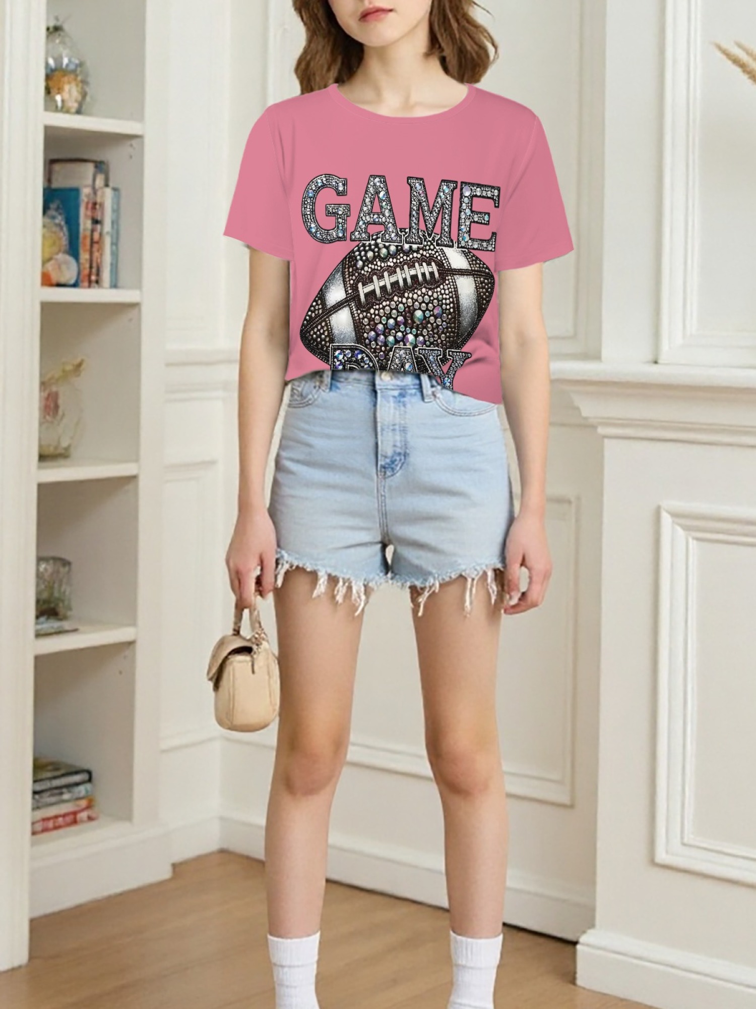 Women's Sparkly Rhinestone Game Day Football T-Shirt - Glitter Fan Apparel