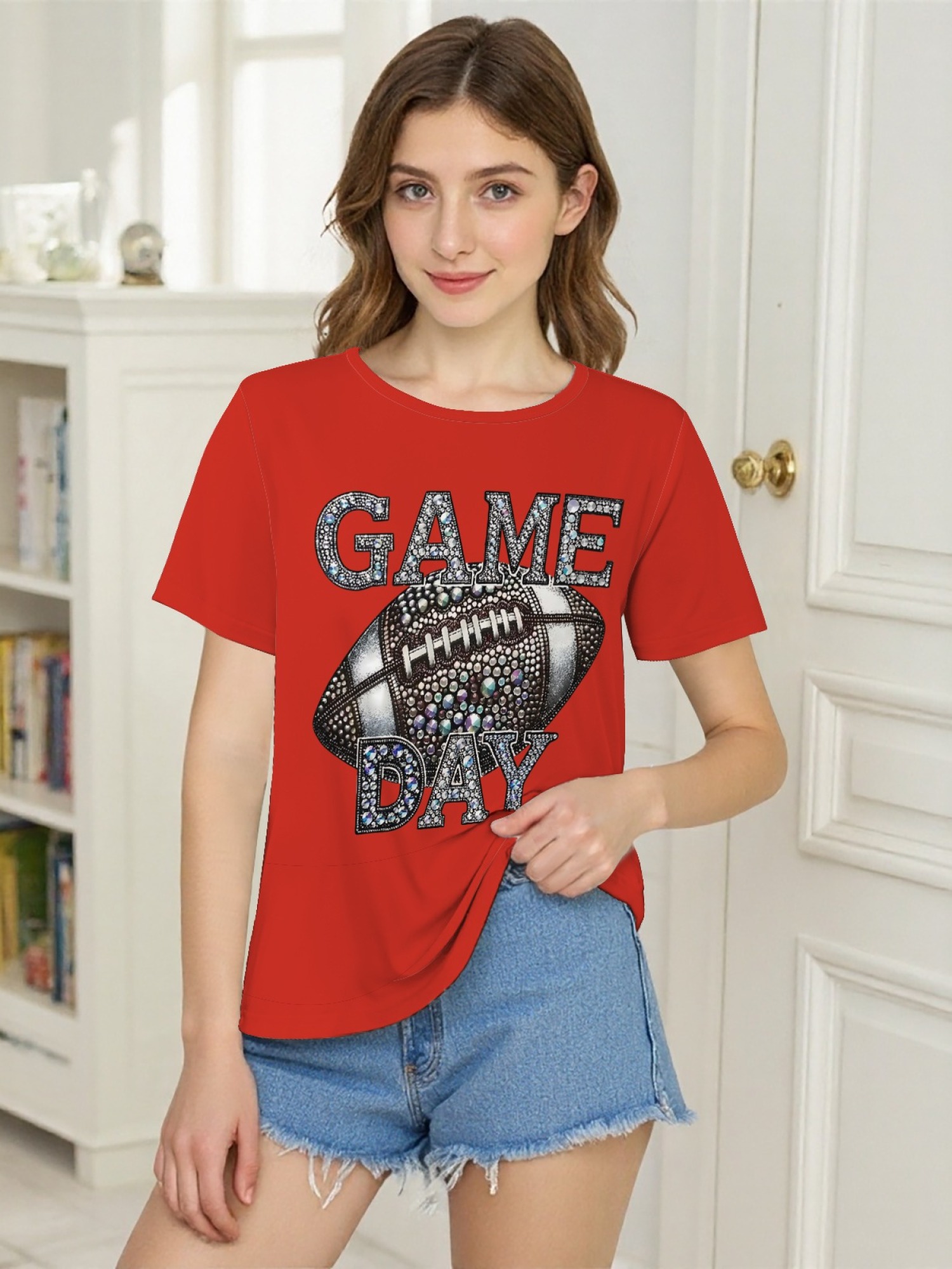Women's Sparkly Rhinestone Game Day Football T-Shirt - Glitter Fan Apparel