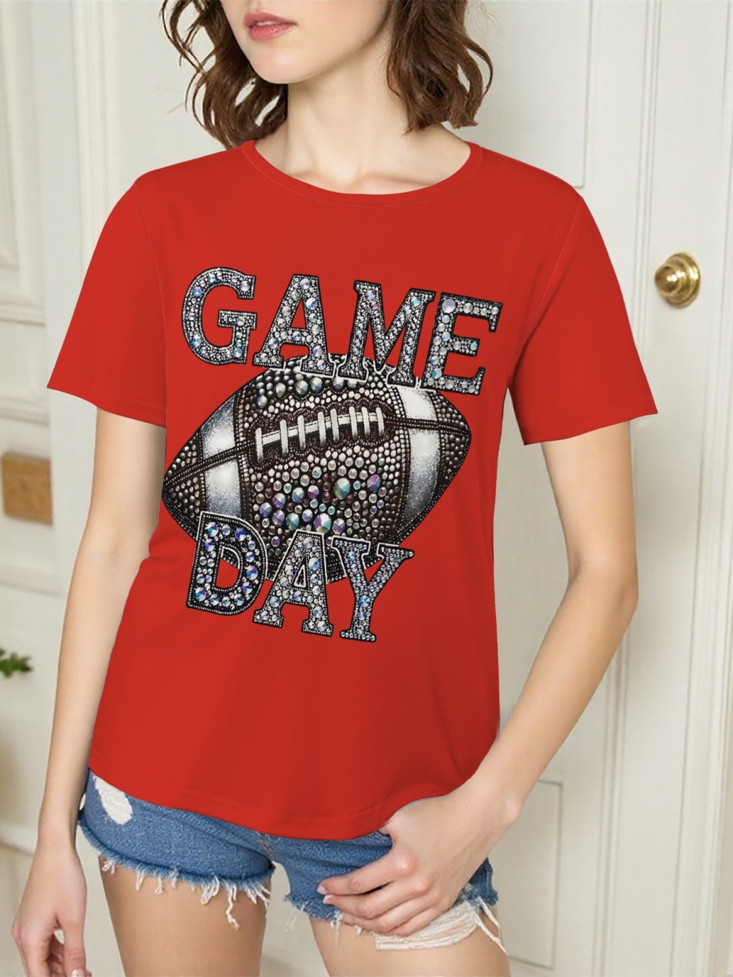 Women's Sparkly Rhinestone Game Day Football T-Shirt - Glitter Fan Apparel