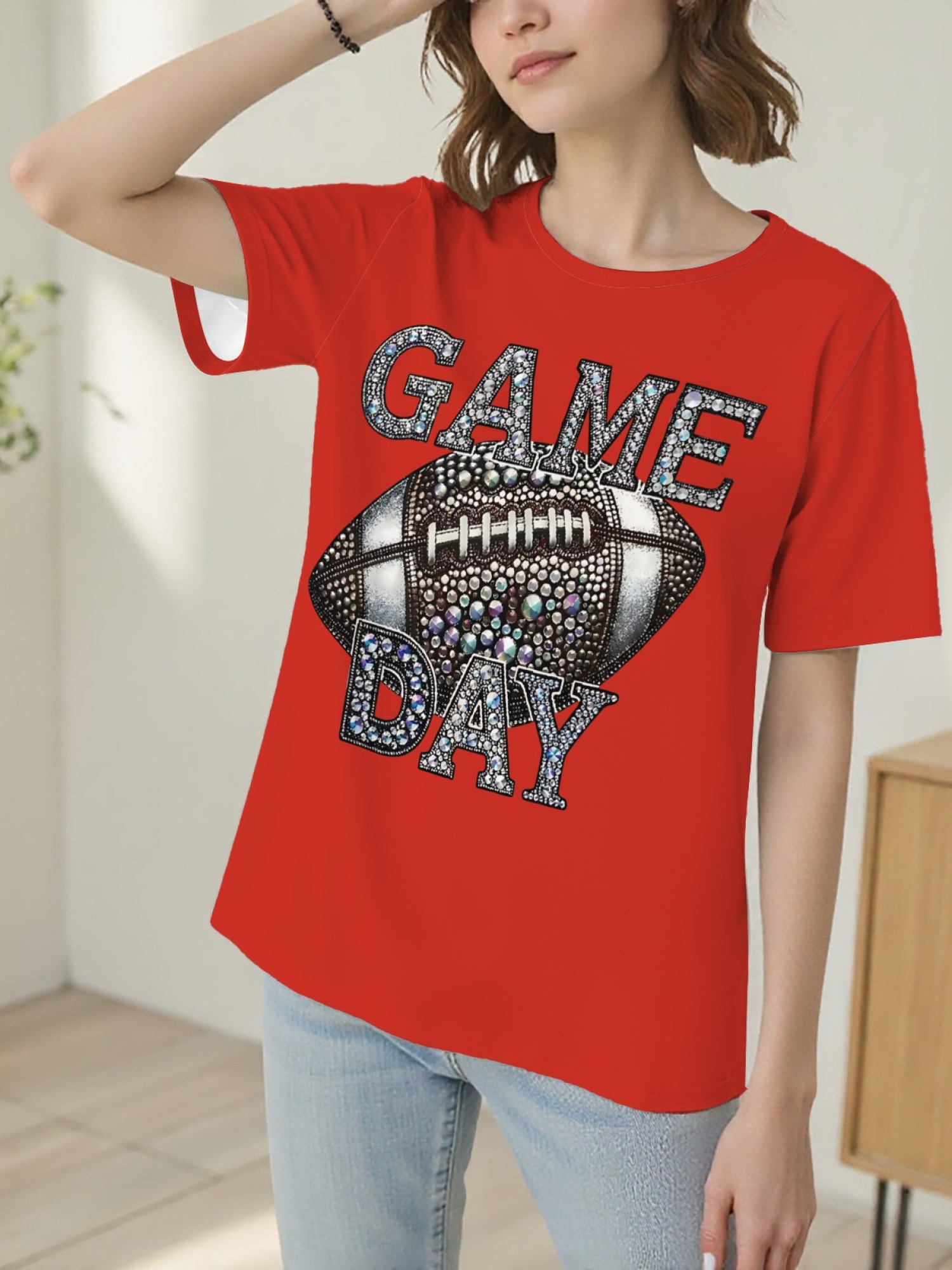 Women's Sparkly Rhinestone Game Day Football T-Shirt - Glitter Fan Apparel