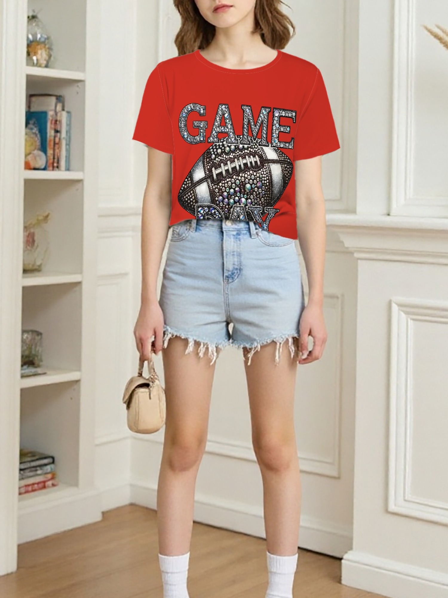 Women's Sparkly Rhinestone Game Day Football T-Shirt - Glitter Fan Apparel