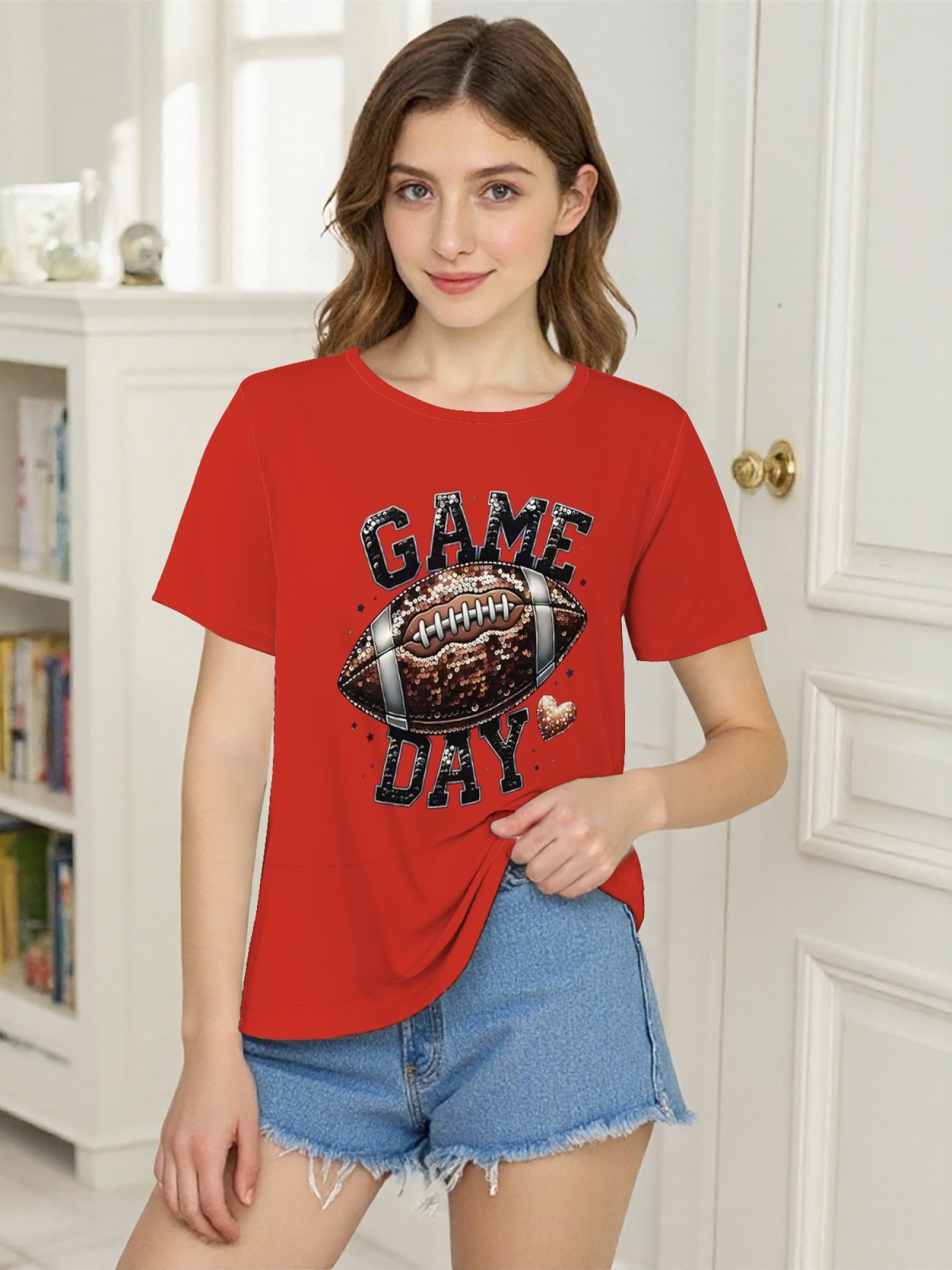 Women's Game Day Football Graphic T-Shirt – Glitter Sequin Style Fan Apparel