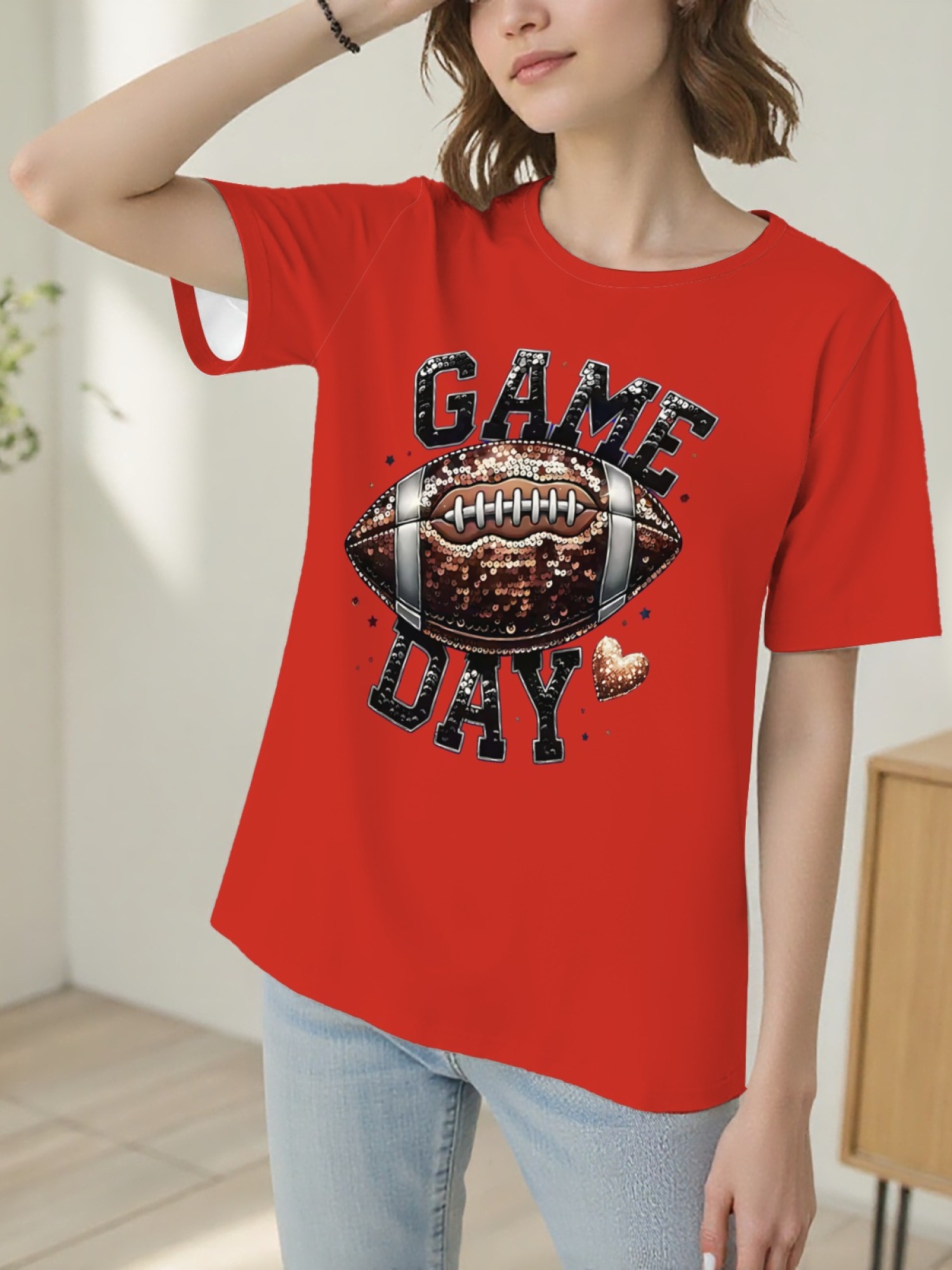 Women's Game Day Football Graphic T-Shirt – Glitter Sequin Style Fan Apparel