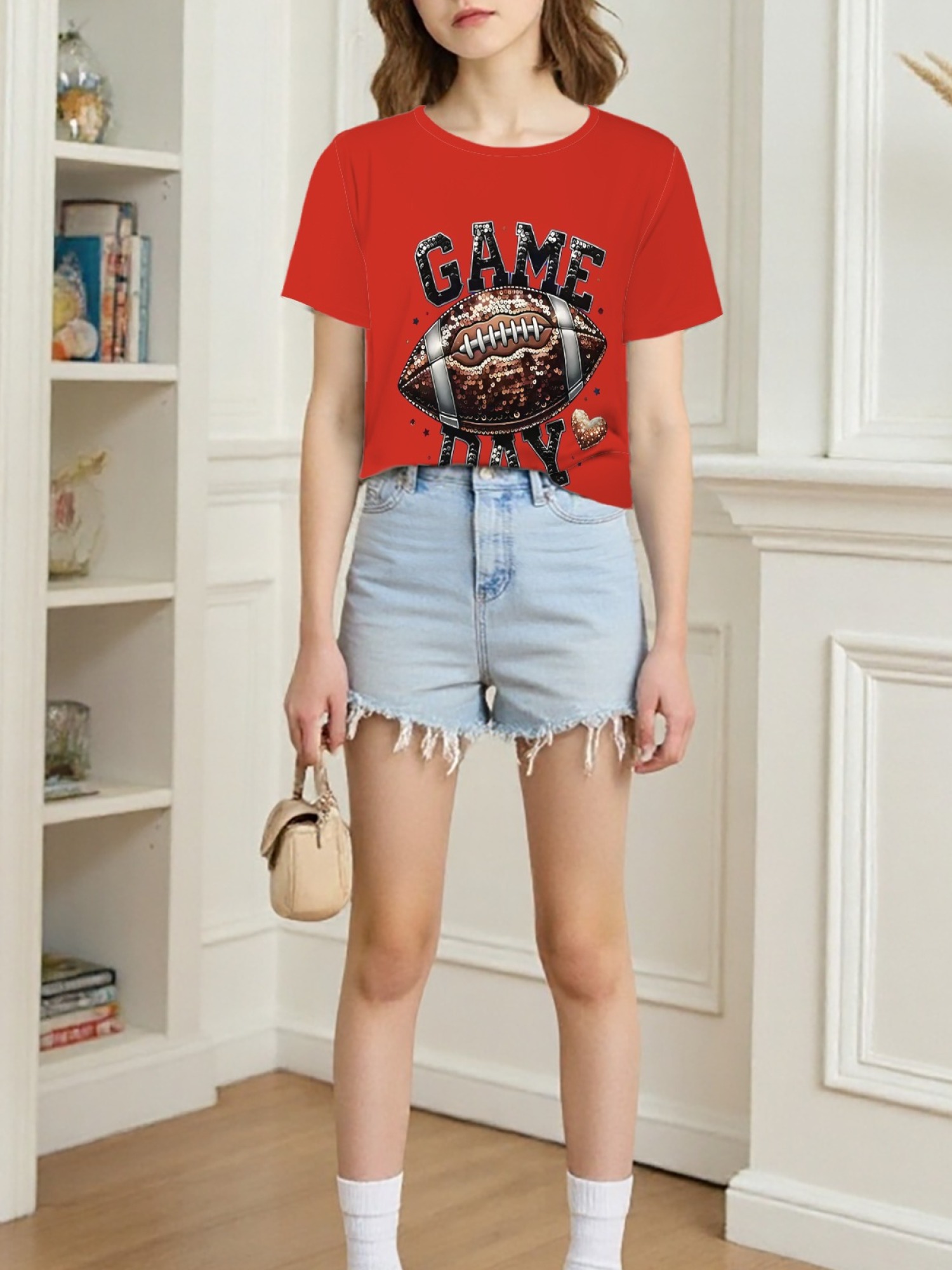 Women's Game Day Football Graphic T-Shirt – Glitter Sequin Style Fan Apparel