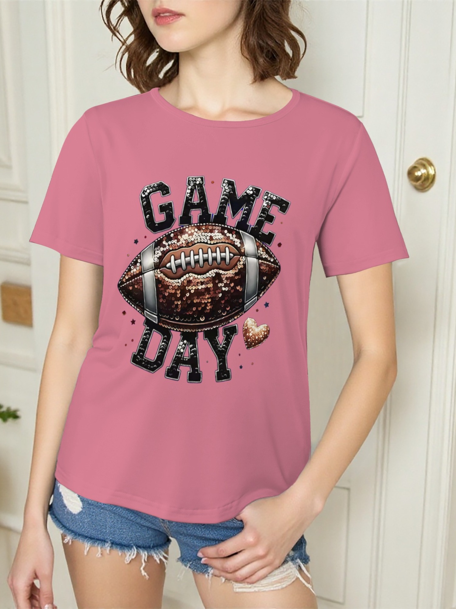 Women's Game Day Football Graphic T-Shirt – Glitter Sequin Style Fan Apparel