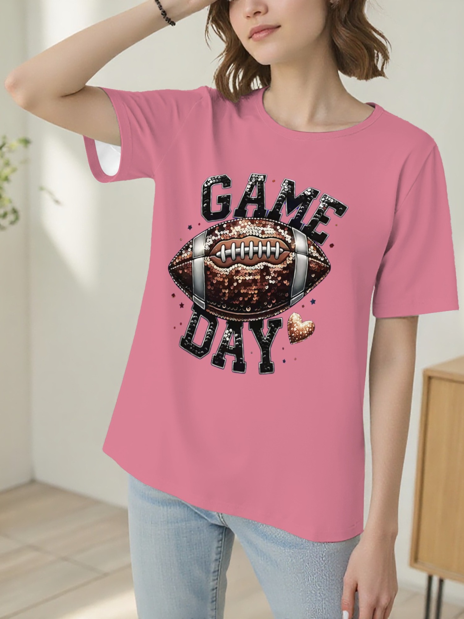 Women's Game Day Football Graphic T-Shirt – Glitter Sequin Style Fan Apparel