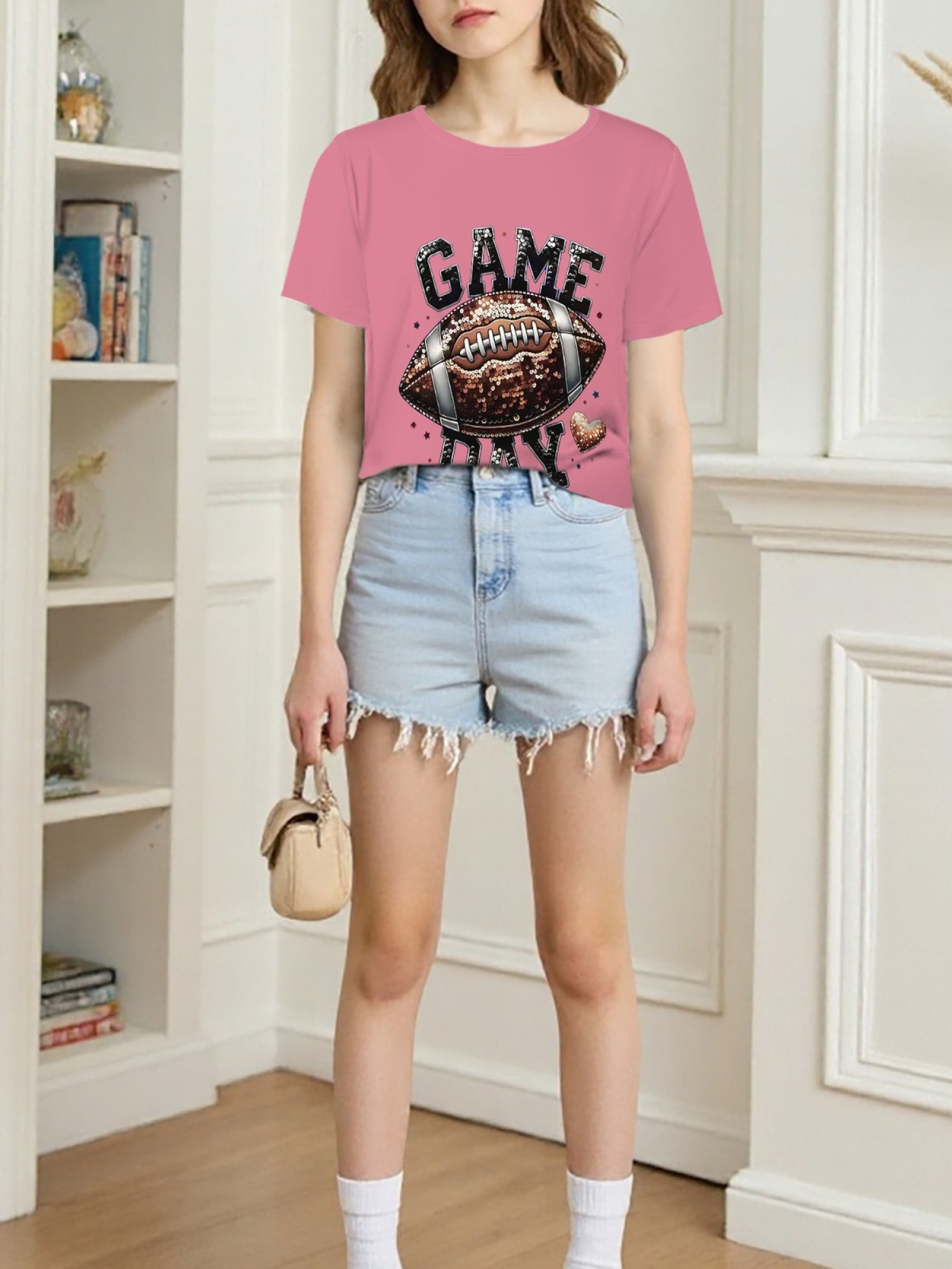 Women's Game Day Football Graphic T-Shirt – Glitter Sequin Style Fan Apparel