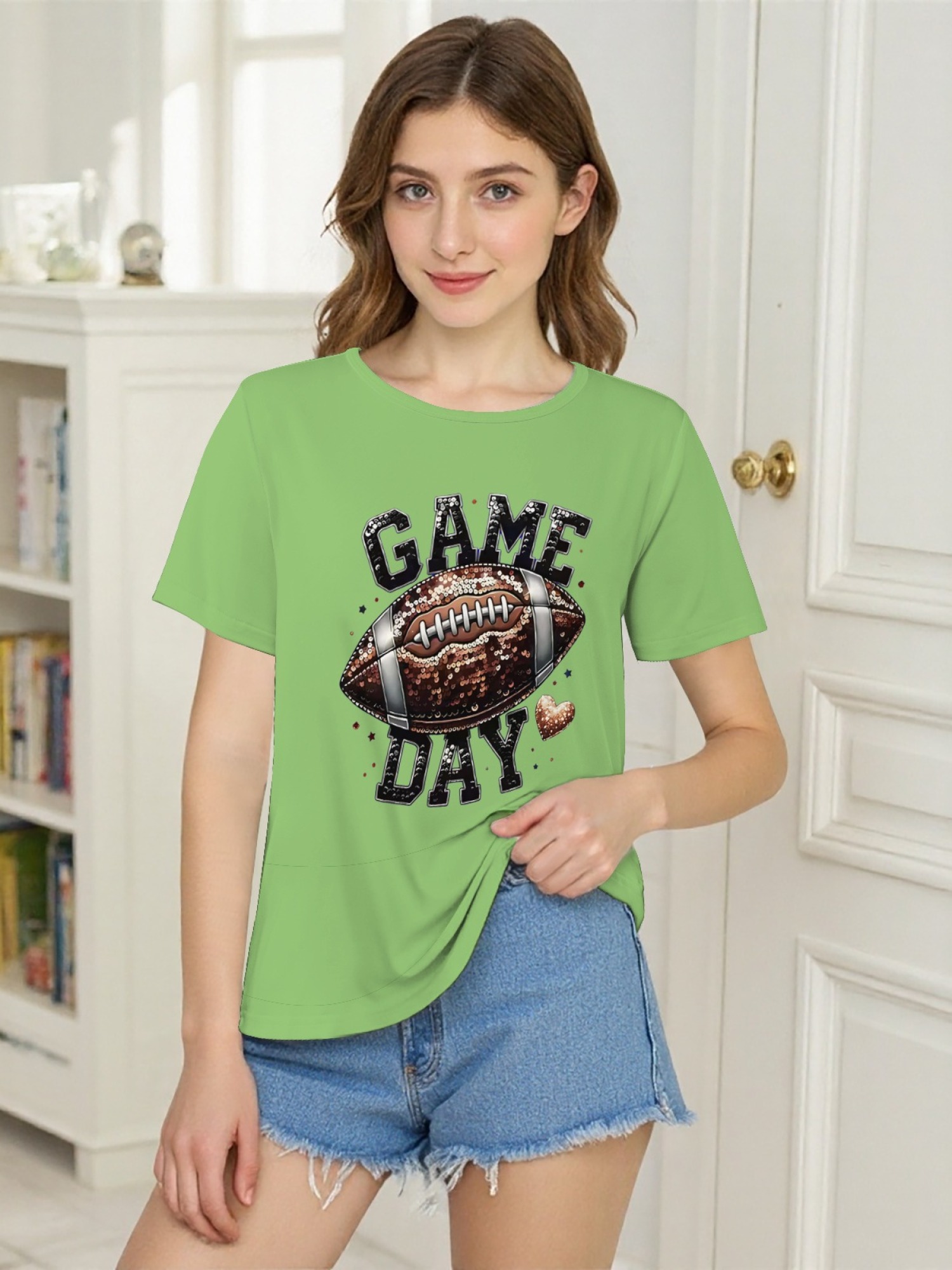Women's Game Day Football Graphic T-Shirt – Glitter Sequin Style Fan Apparel