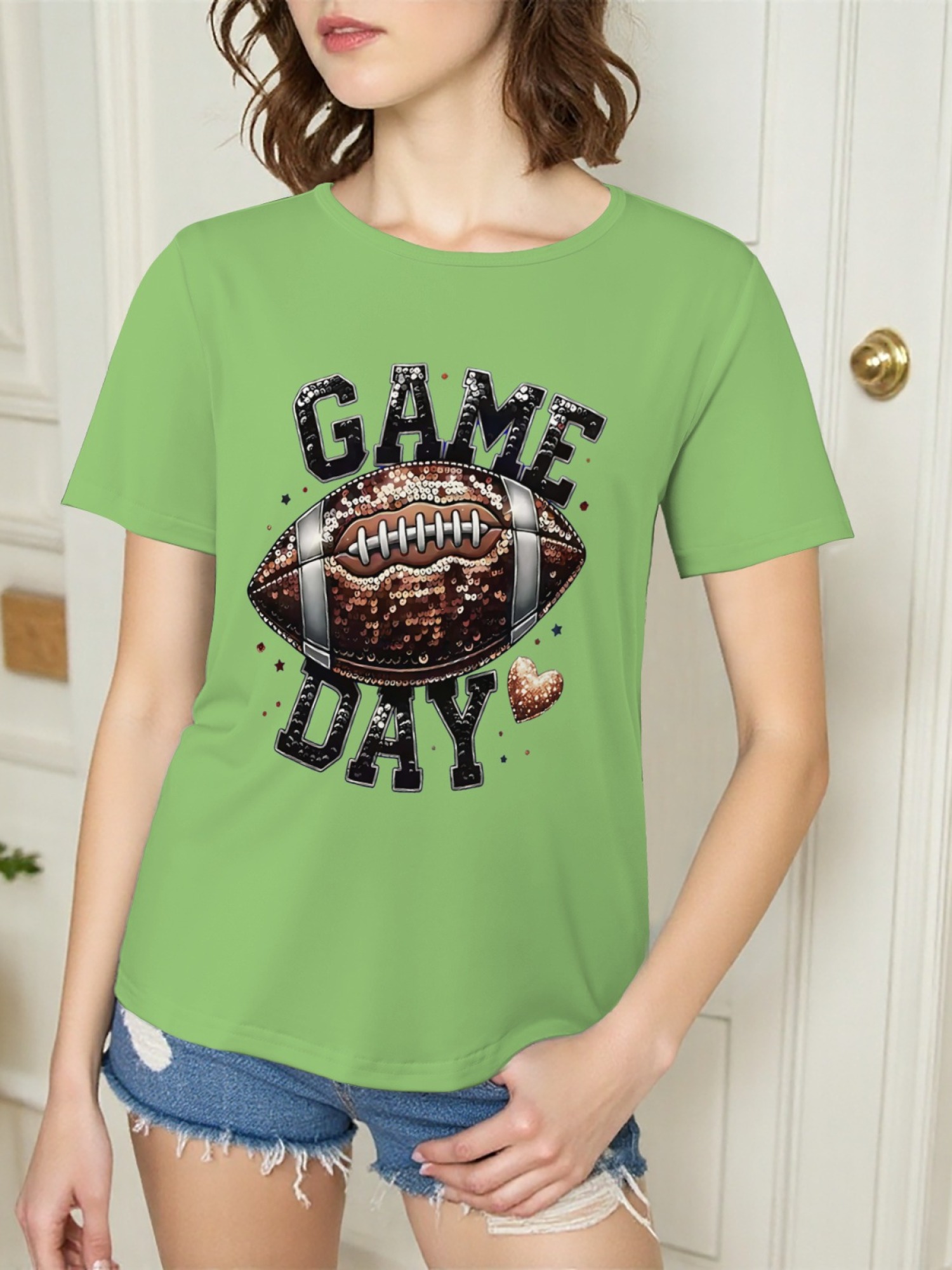 Women's Game Day Football Graphic T-Shirt – Glitter Sequin Style Fan Apparel