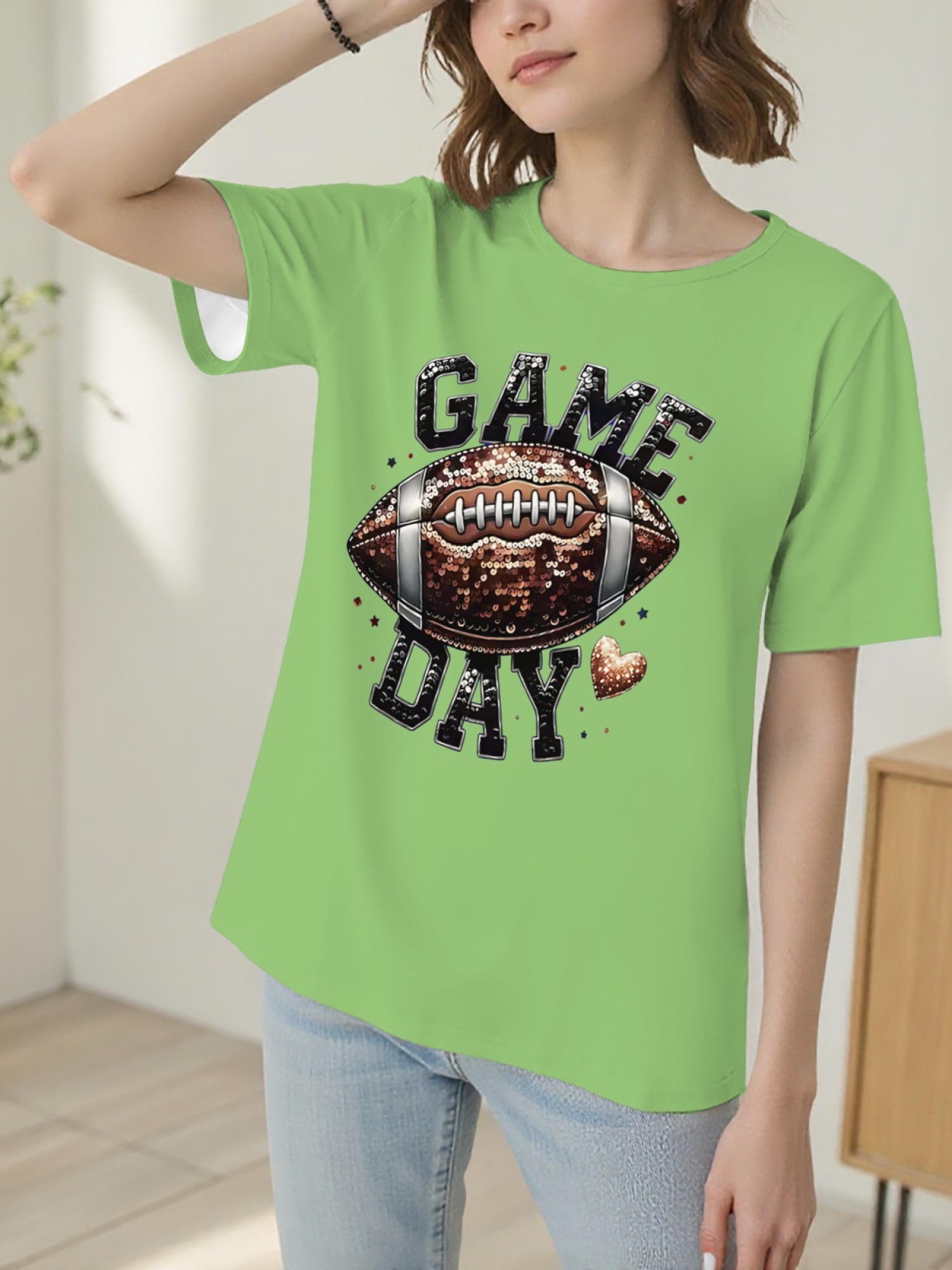 Women's Game Day Football Graphic T-Shirt – Glitter Sequin Style Fan Apparel