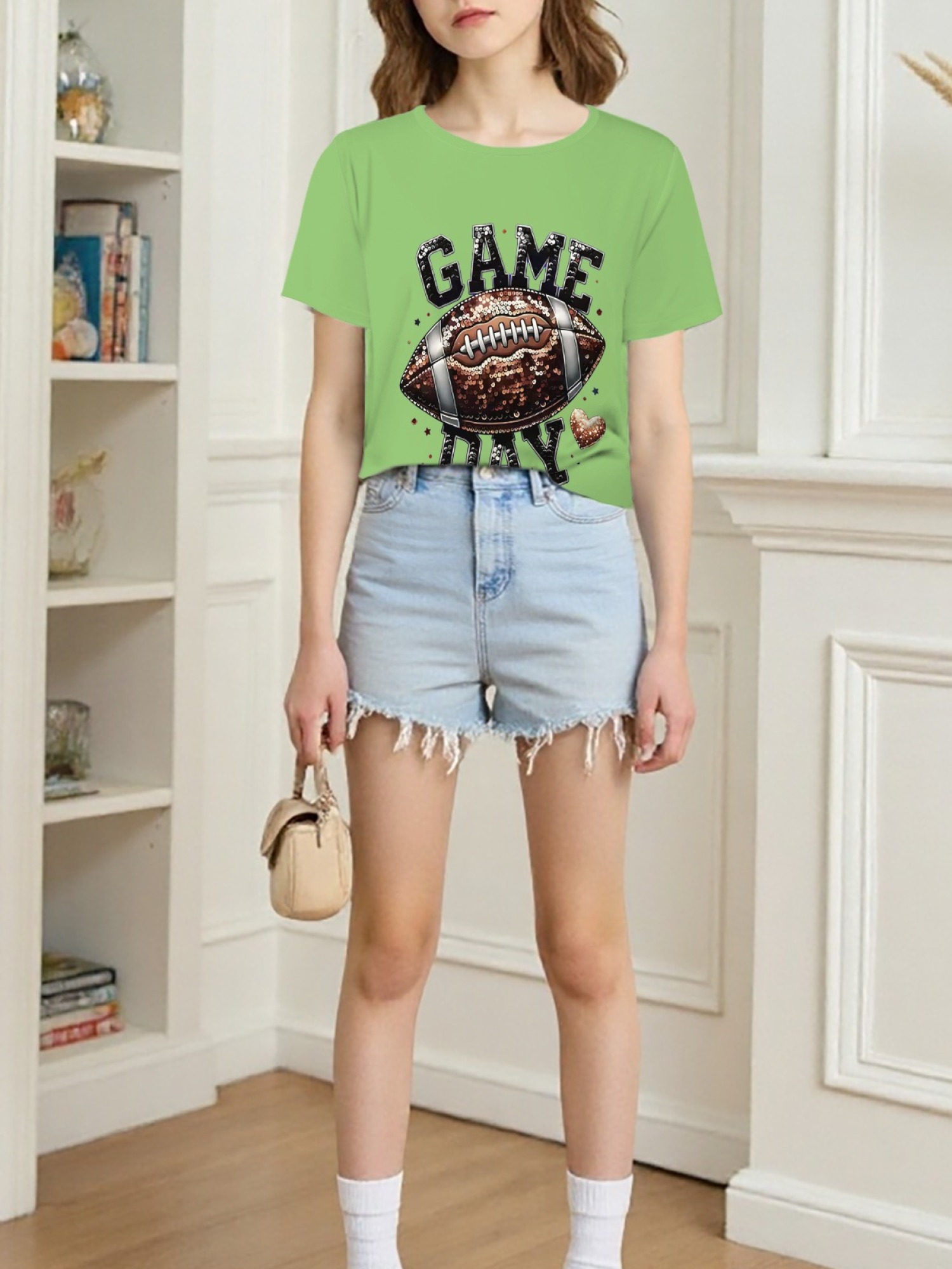 Women's Game Day Football Graphic T-Shirt – Glitter Sequin Style Fan Apparel