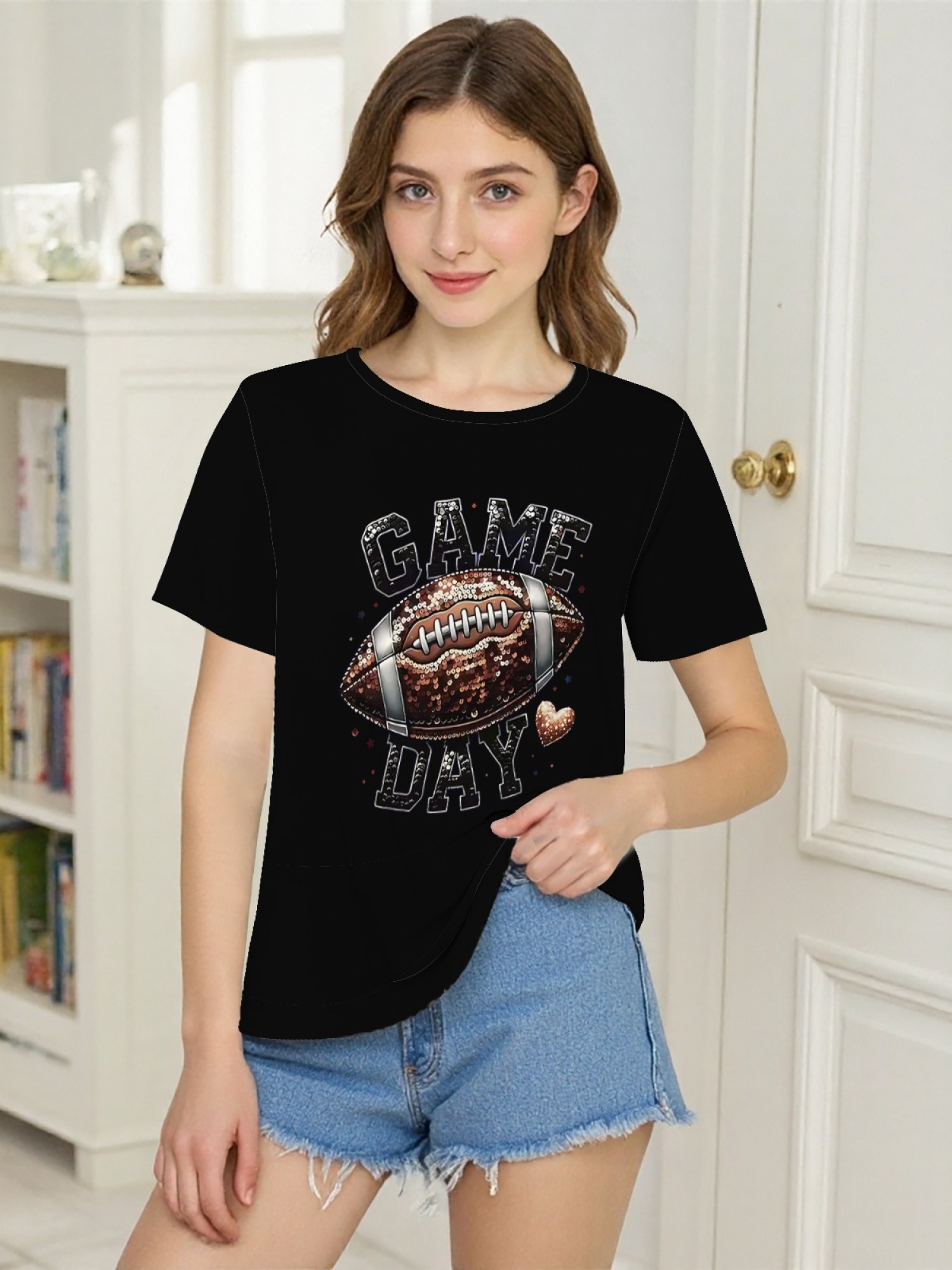 Women's Game Day Football Graphic T-Shirt – Glitter Sequin Style Fan Apparel
