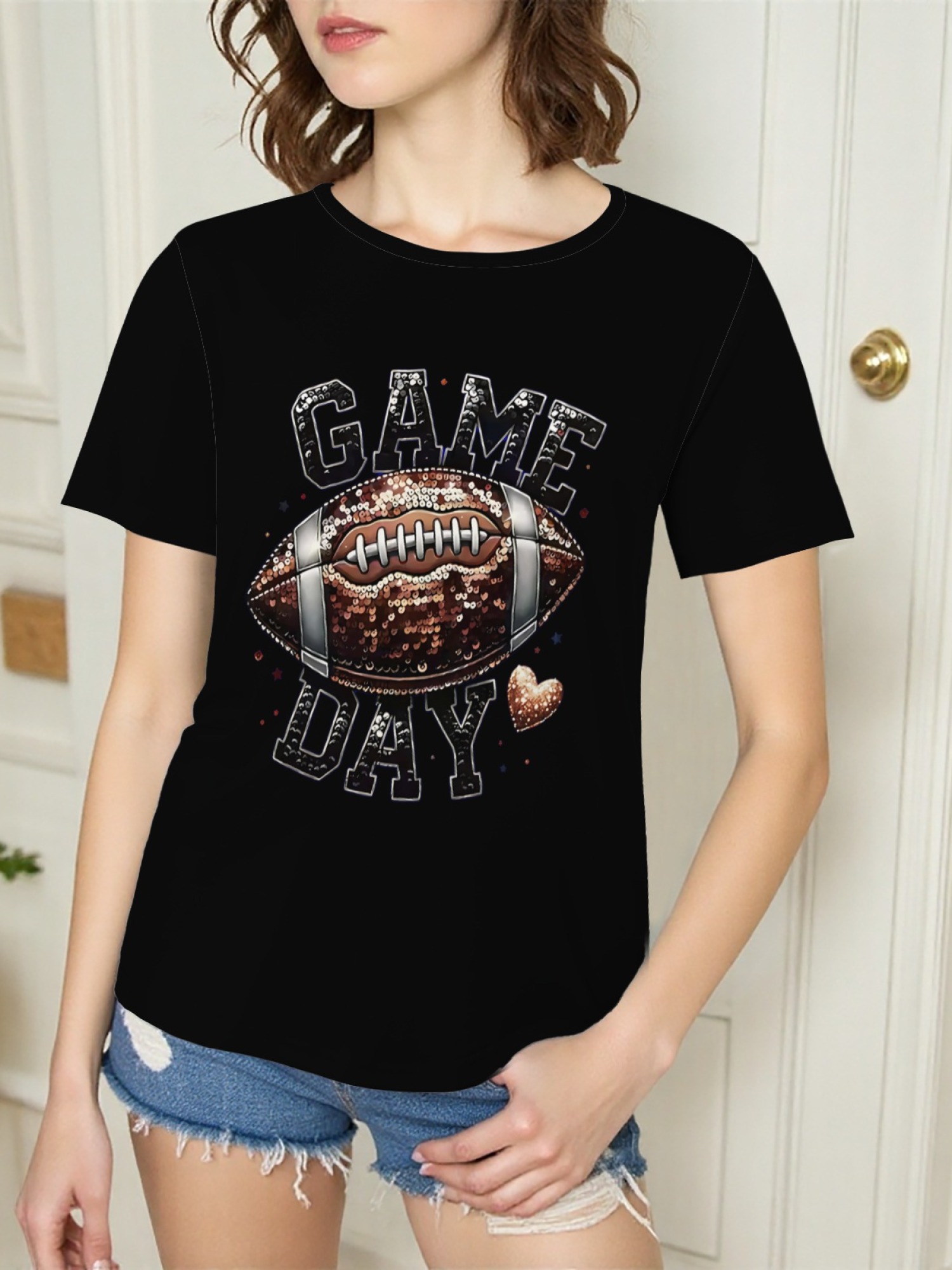 Women's Game Day Football Graphic T-Shirt – Glitter Sequin Style Fan Apparel