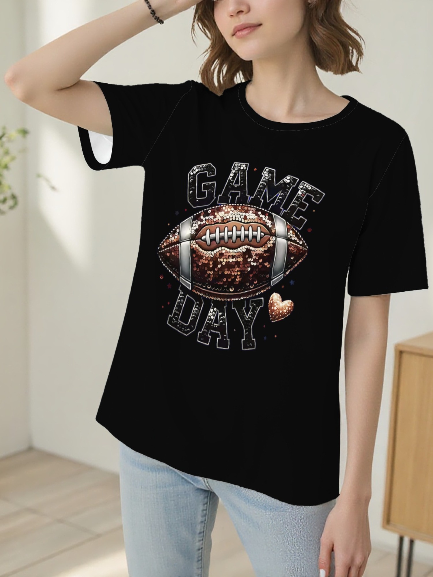 Women's Game Day Football Graphic T-Shirt – Glitter Sequin Style Fan Apparel