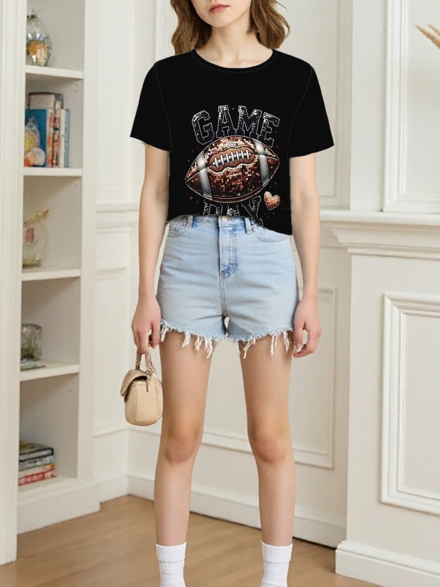 Women's Game Day Football Graphic T-Shirt – Glitter Sequin Style Fan Apparel