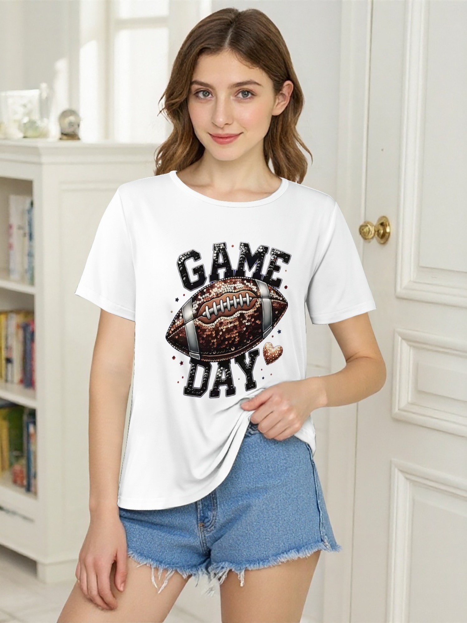 Women's Game Day Football Graphic T-Shirt – Glitter Sequin Style Fan Apparel