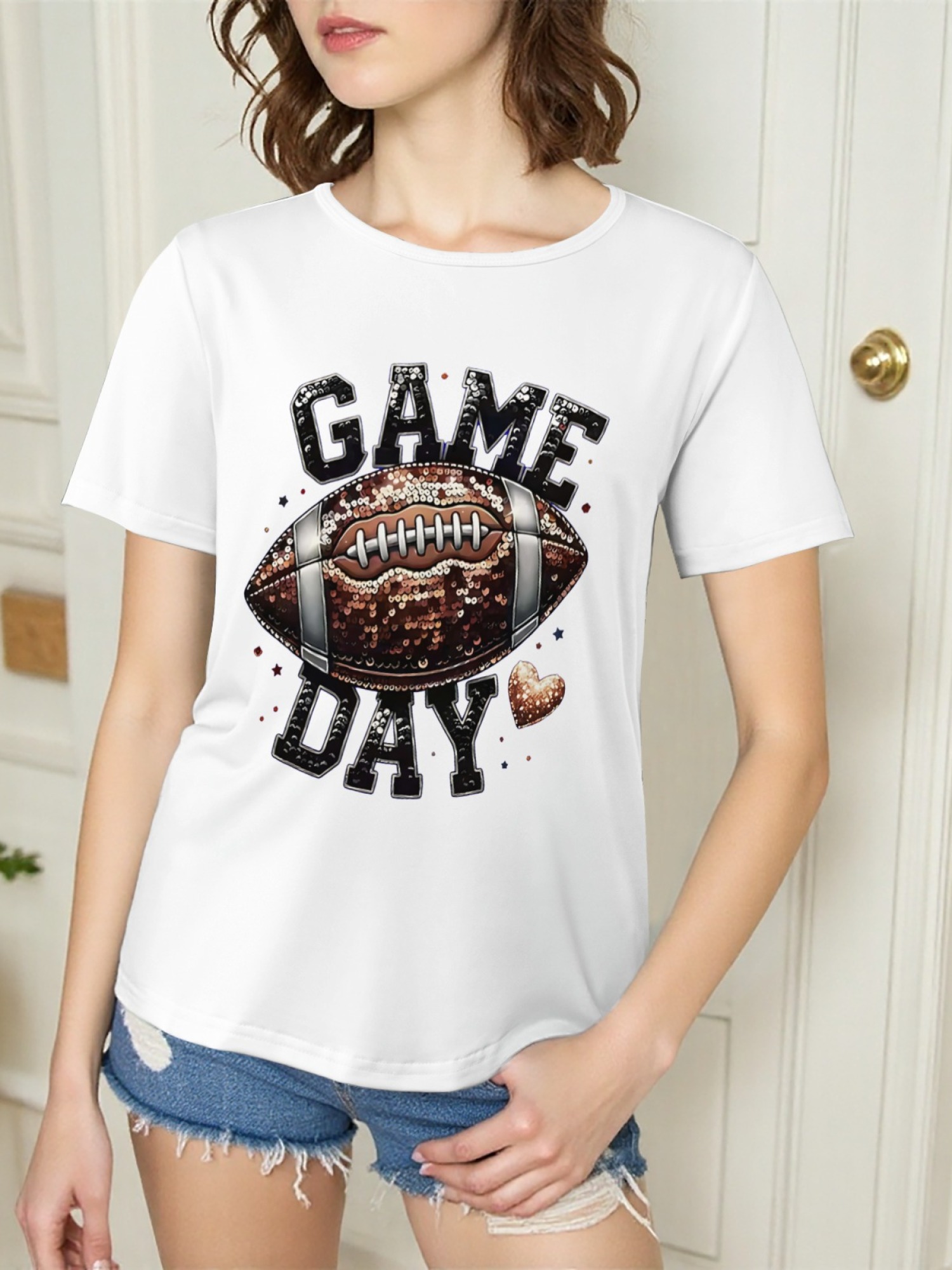 Women's Game Day Football Graphic T-Shirt – Glitter Sequin Style Fan Apparel