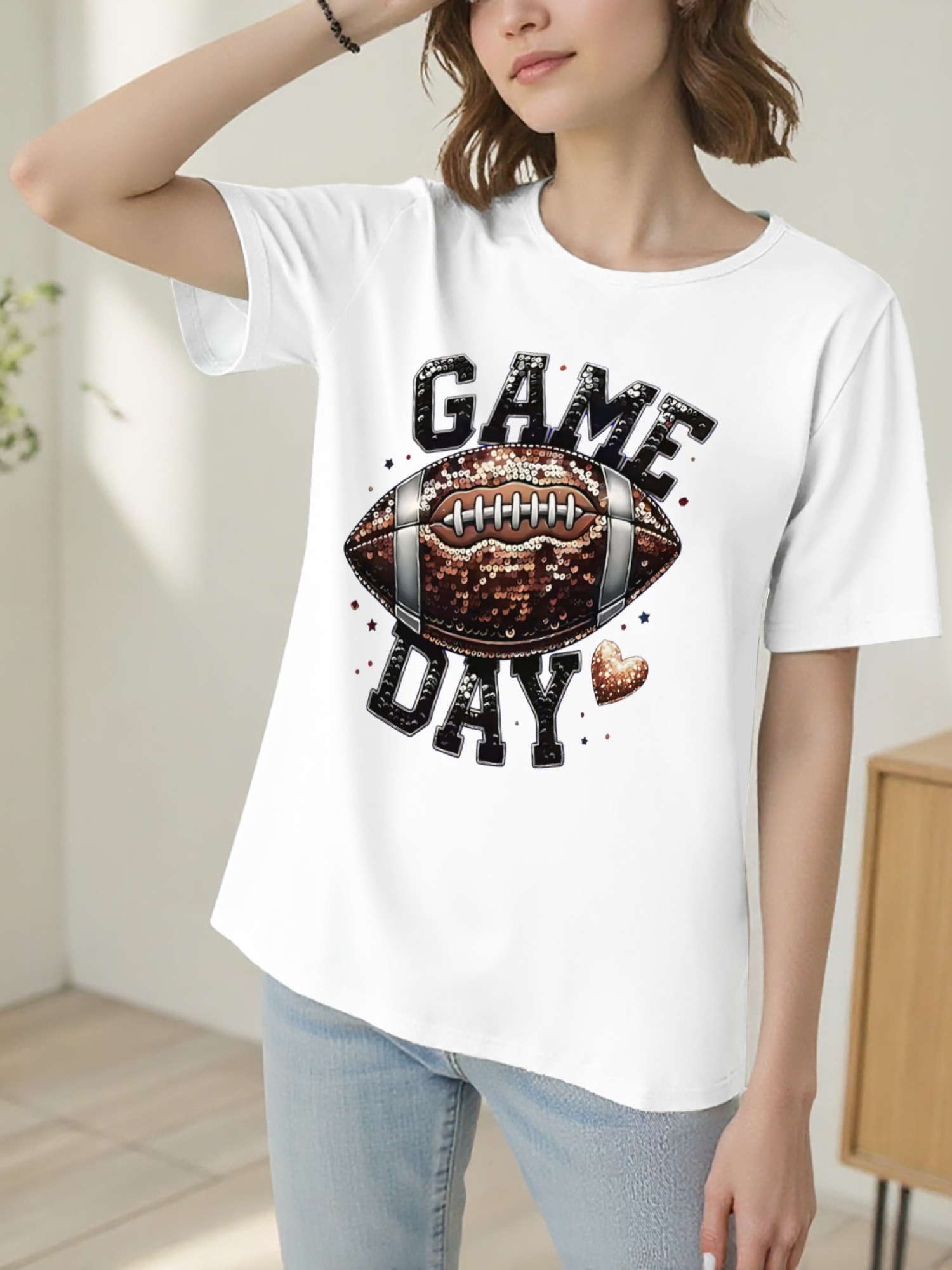 Women's Game Day Football Graphic T-Shirt – Glitter Sequin Style Fan Apparel