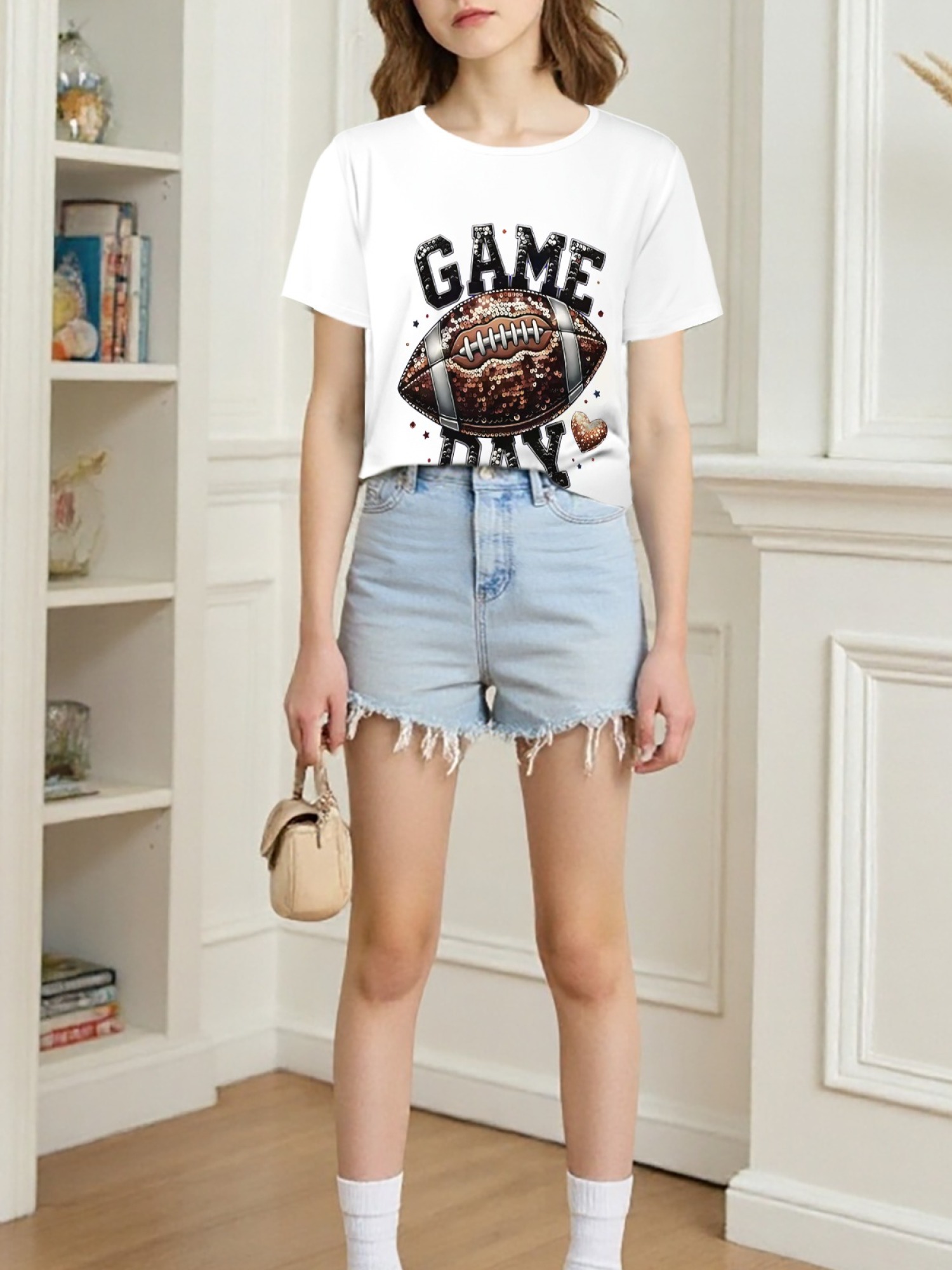 Women's Game Day Football Graphic T-Shirt – Glitter Sequin Style Fan Apparel