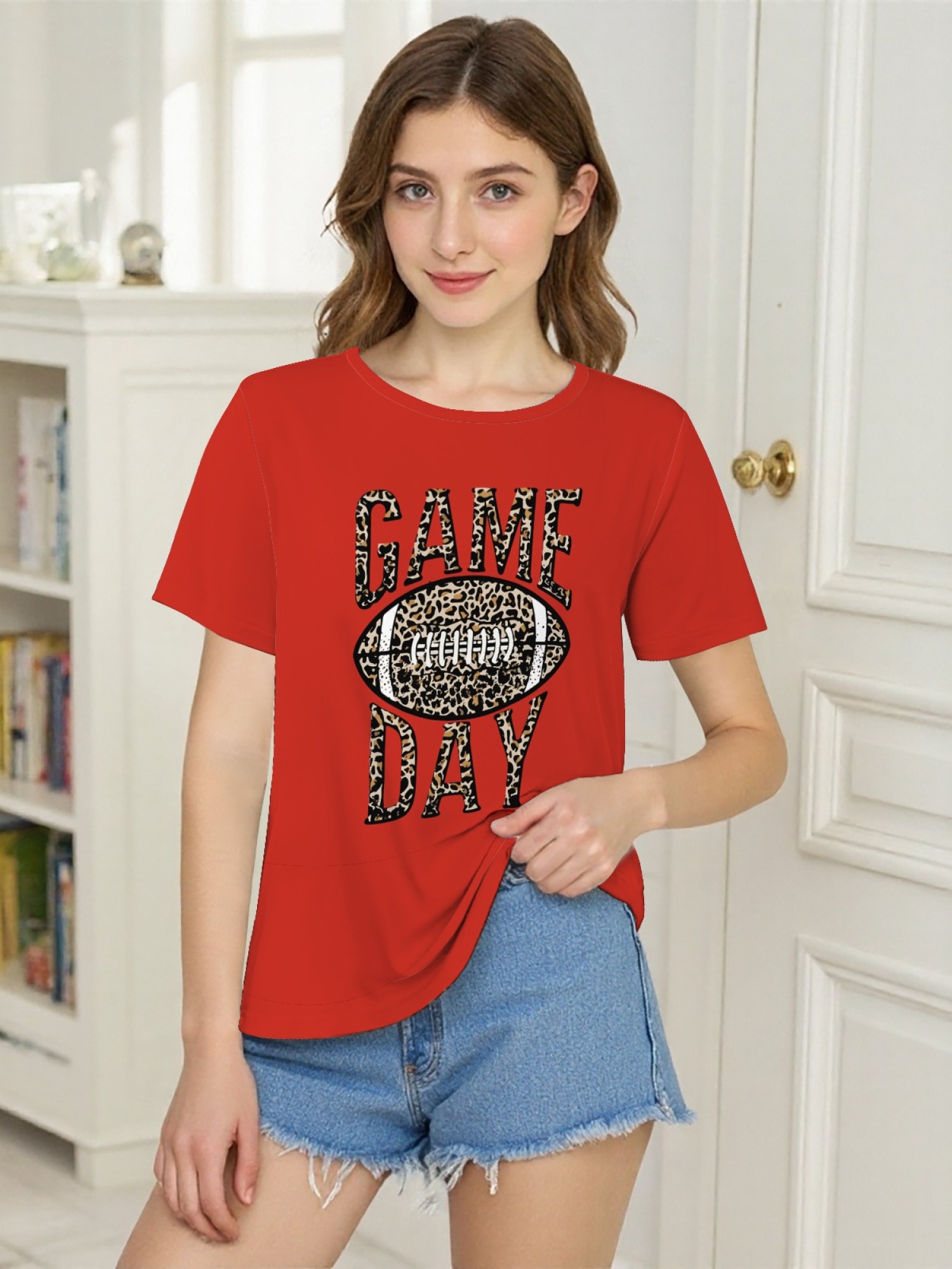 Women's Leopard Print Game Day Football T-Shirt - Casual Short Sleeve Graphic Tee