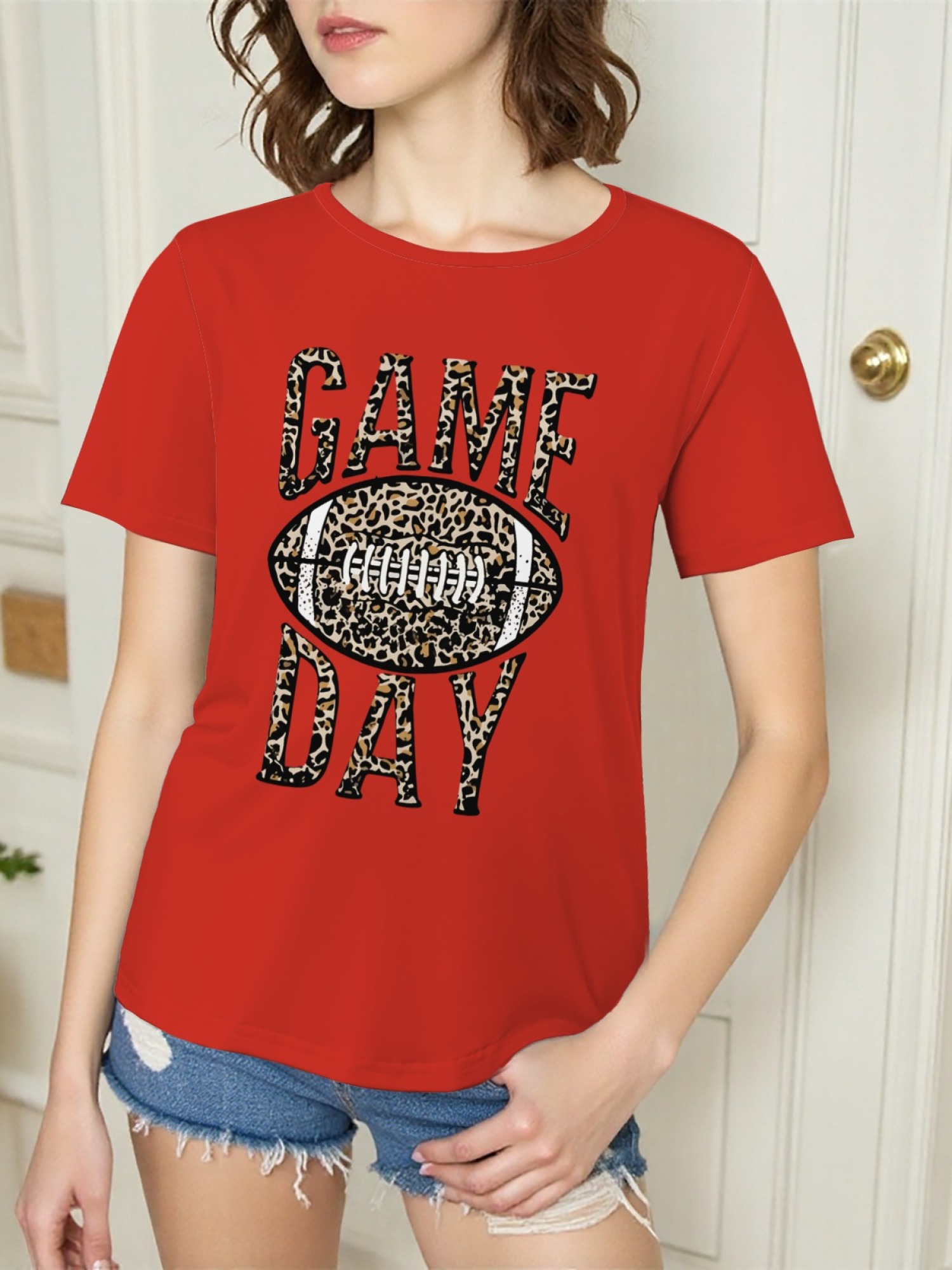 Women's Leopard Print Game Day Football T-Shirt - Casual Short Sleeve Graphic Tee