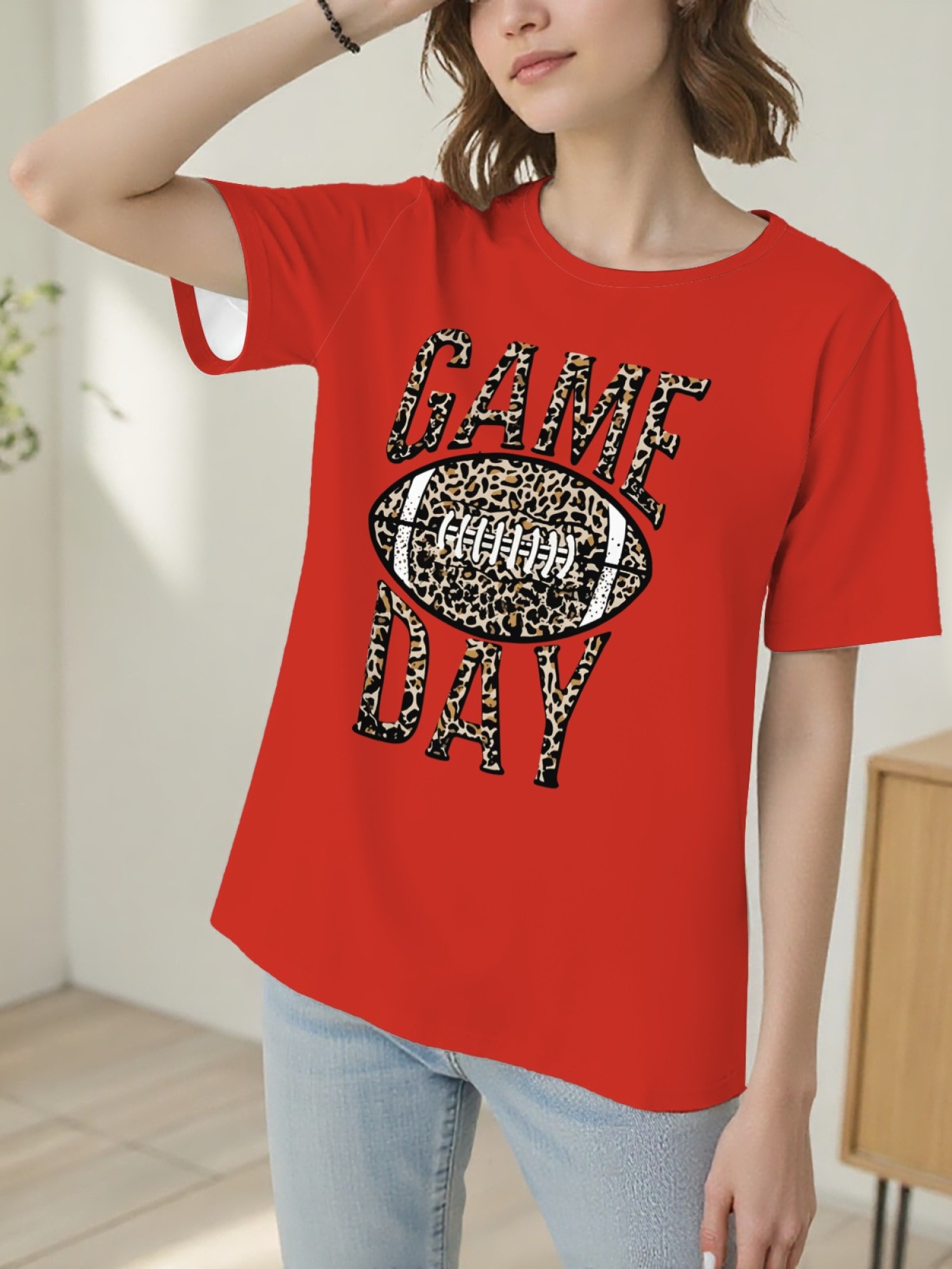 Women's Leopard Print Game Day Football T-Shirt - Casual Short Sleeve Graphic Tee