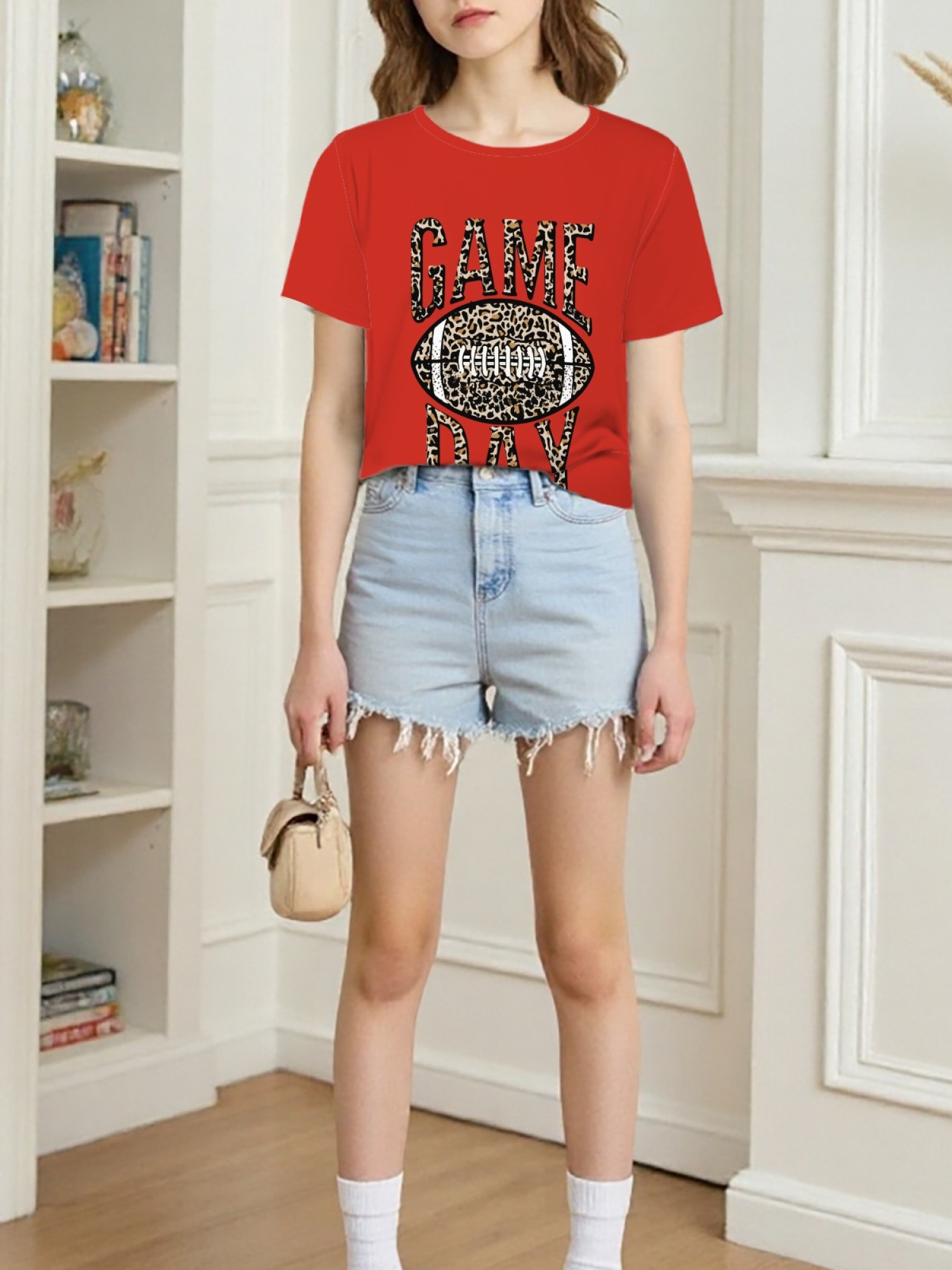 Women's Leopard Print Game Day Football T-Shirt - Casual Short Sleeve Graphic Tee