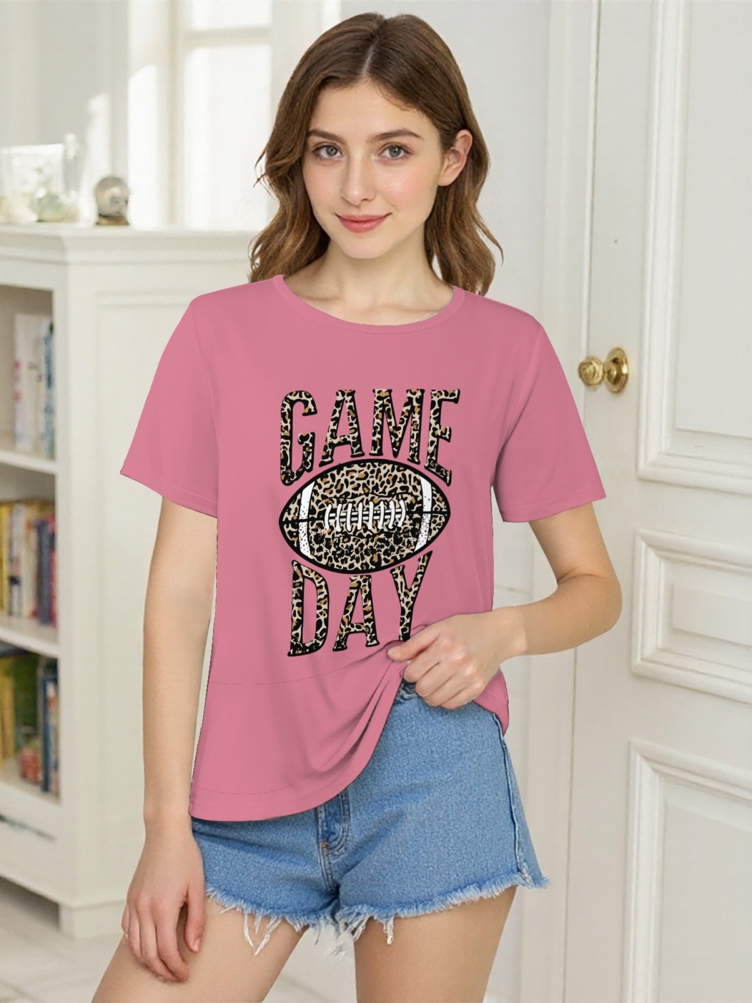 Women's Leopard Print Game Day Football T-Shirt - Casual Short Sleeve Graphic Tee