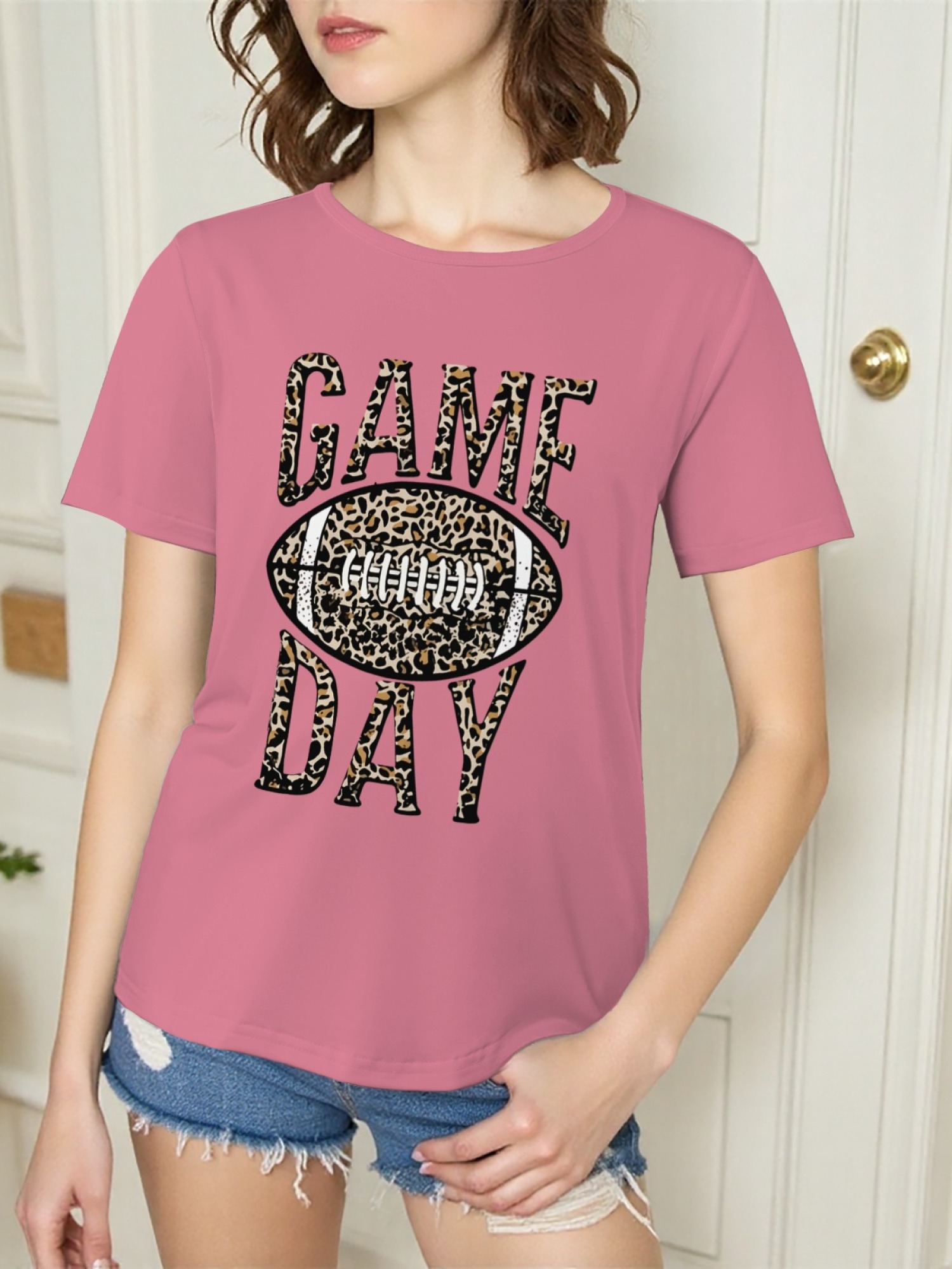 Women's Leopard Print Game Day Football T-Shirt - Casual Short Sleeve Graphic Tee