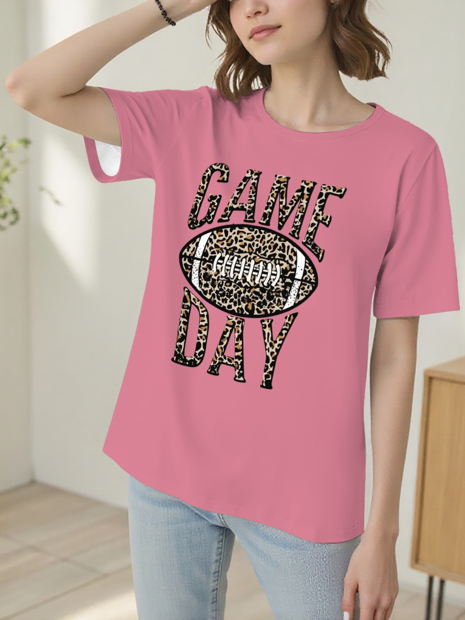 Women's Leopard Print Game Day Football T-Shirt - Casual Short Sleeve Graphic Tee