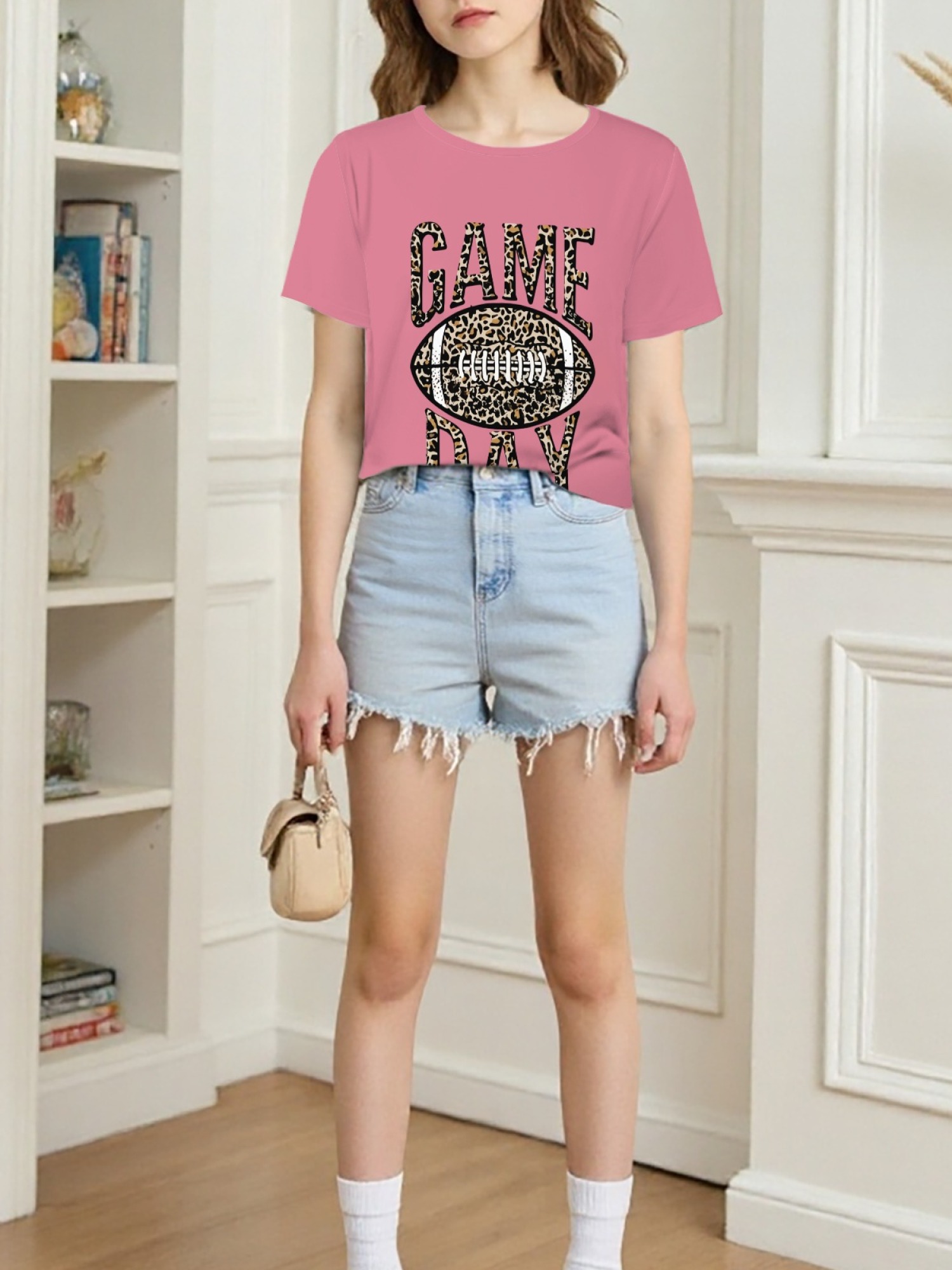 Women's Leopard Print Game Day Football T-Shirt - Casual Short Sleeve Graphic Tee