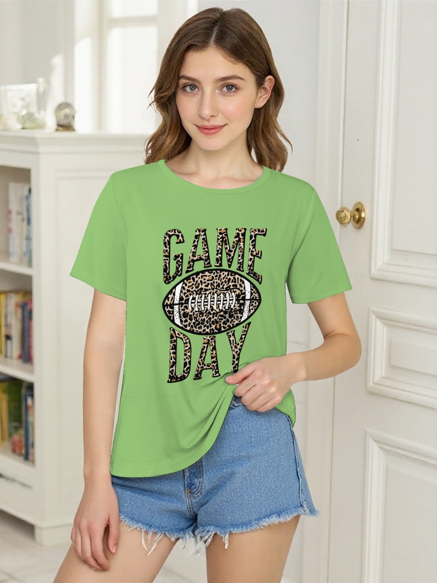 Women's Leopard Print Game Day Football T-Shirt - Casual Short Sleeve Graphic Tee