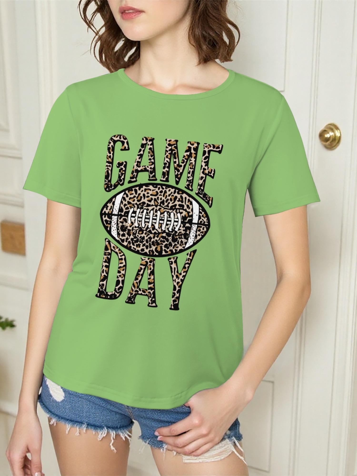 Women's Leopard Print Game Day Football T-Shirt - Casual Short Sleeve Graphic Tee