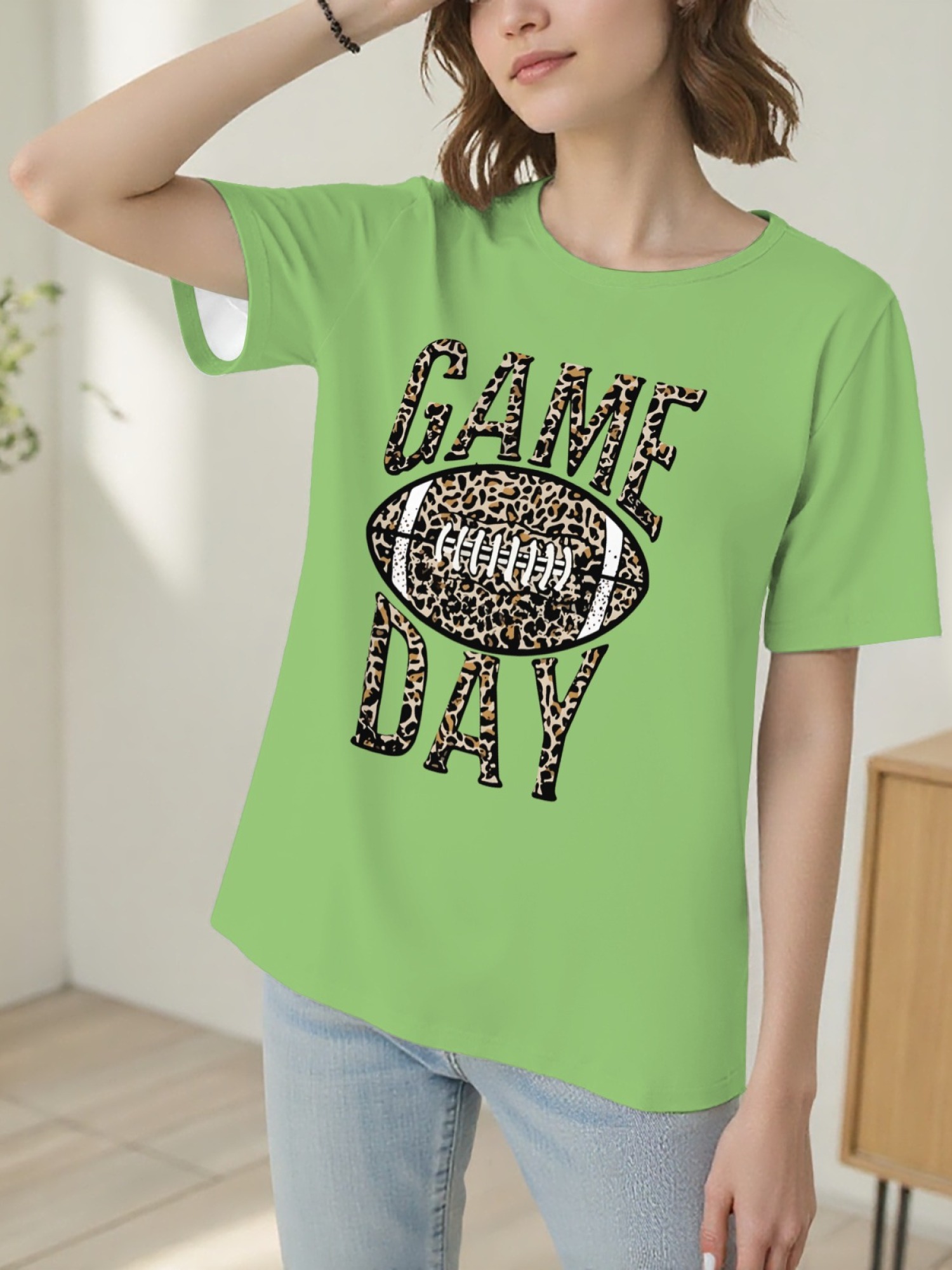Women's Leopard Print Game Day Football T-Shirt - Casual Short Sleeve Graphic Tee