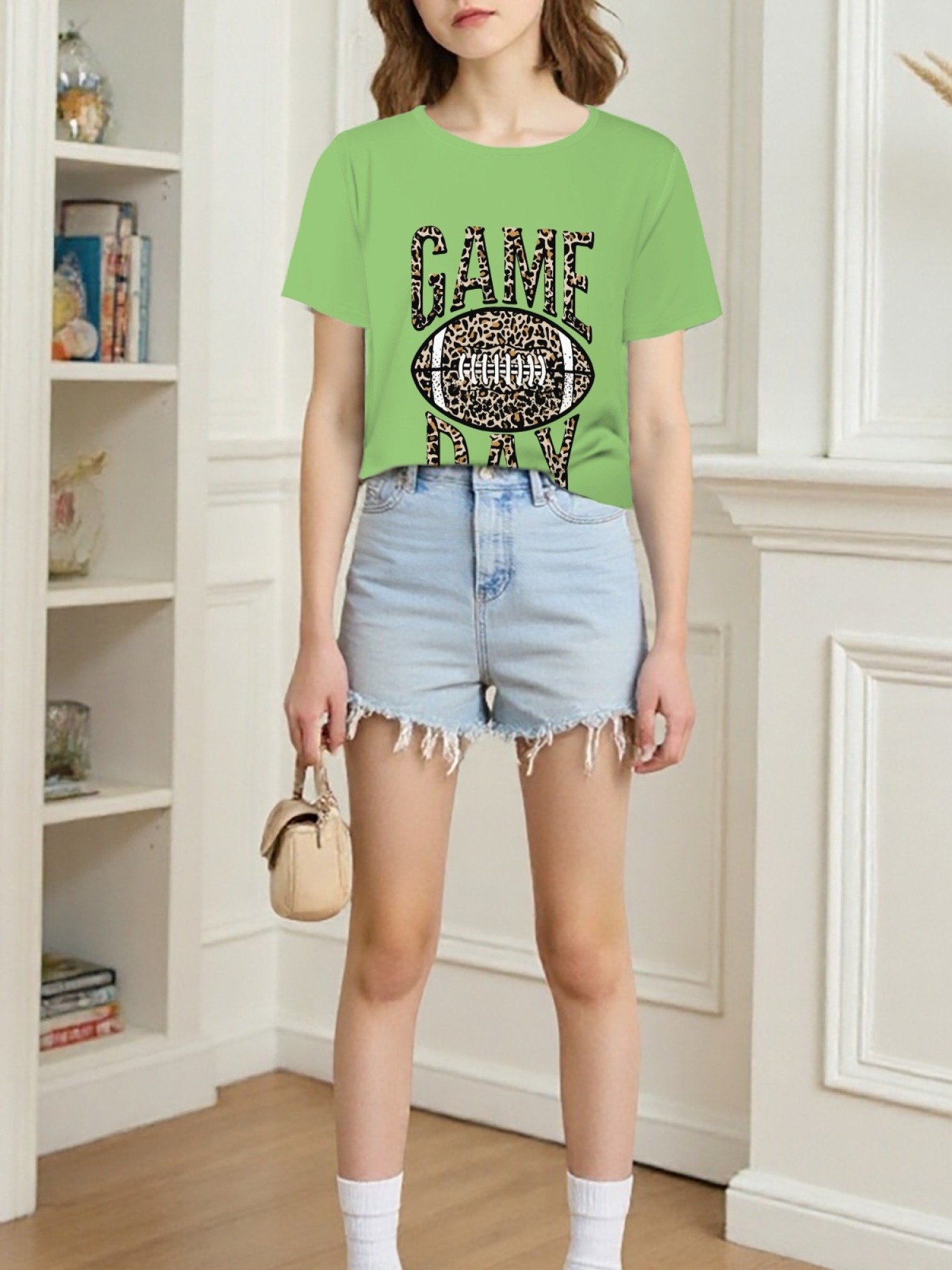 Women's Leopard Print Game Day Football T-Shirt - Casual Short Sleeve Graphic Tee