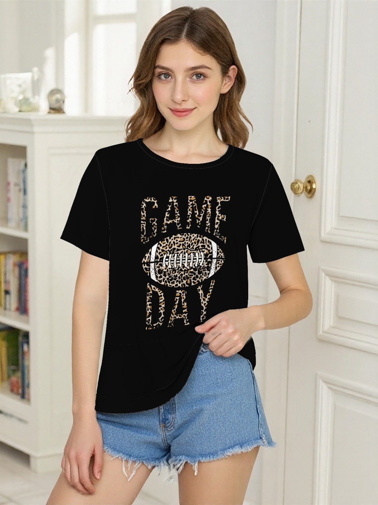Women's Leopard Print Game Day Football T-Shirt - Casual Short Sleeve Graphic Tee
