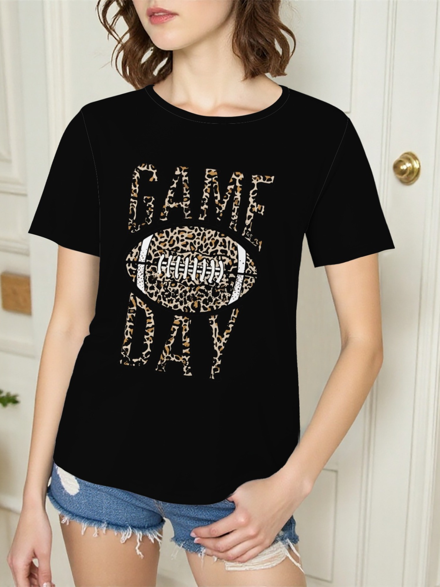 Women's Leopard Print Game Day Football T-Shirt - Casual Short Sleeve Graphic Tee